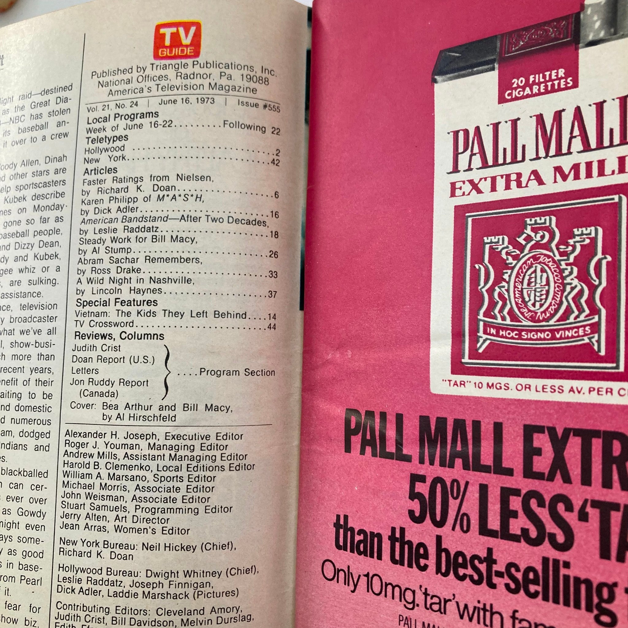 Interior page of TV Guide Magazine June 16 1973, Issue #555 showing the publication's details including program listings and articles featuring Bea Arthur and Bill Macy.