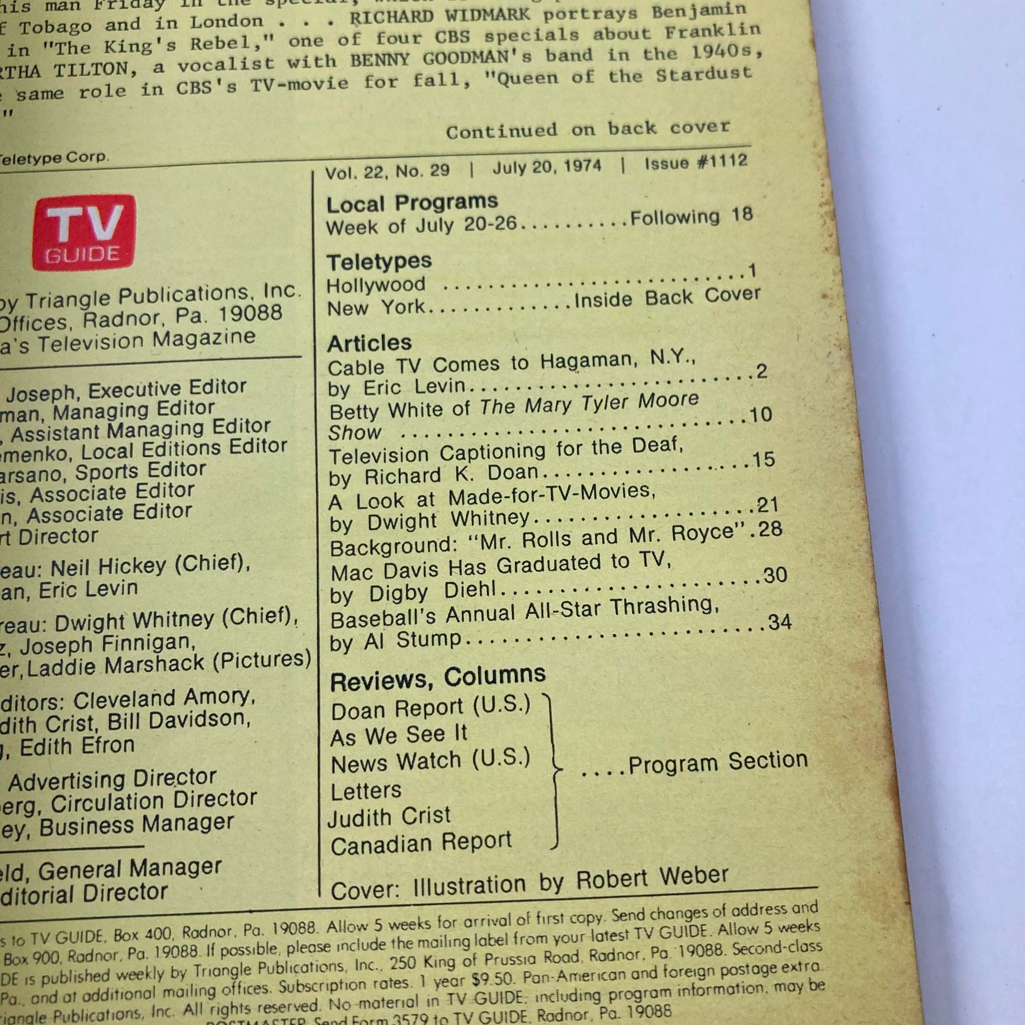 Back cover of TV Guide Magazine July 20, 1974, Issue #1112 showcasing local programs, articles, and teletype content, highlighting the nostalgia of vintage television.