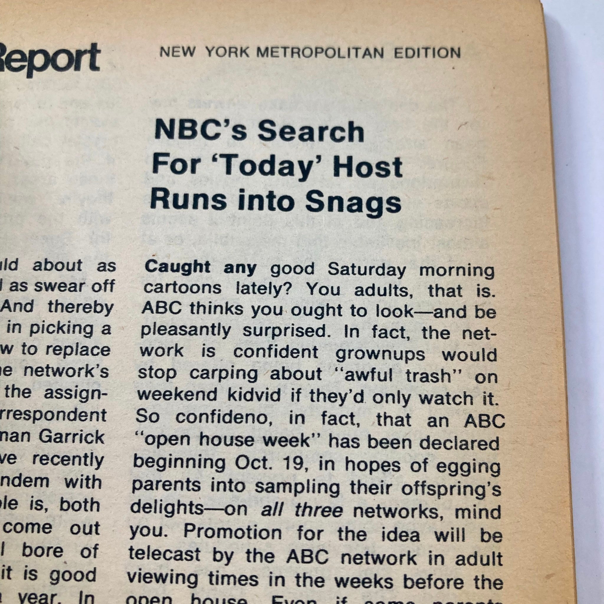 Page from TV Guide Magazine July 20, 1974, Issue #1112, featuring an article titled 'NBC's Search For ‘Today’ Host Runs into Snags', reflecting the television industry discussions of the time.