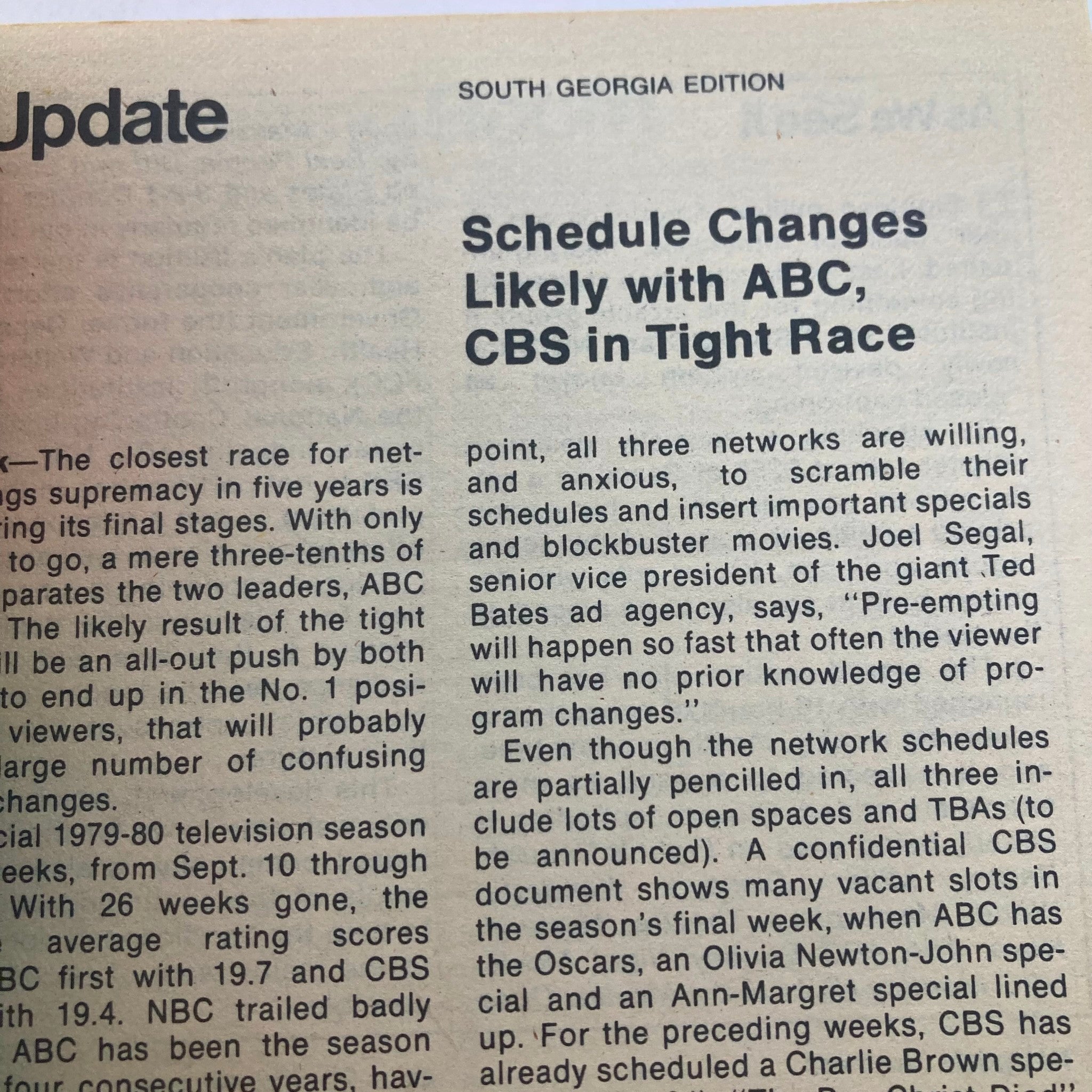 Inside page of TV Guide Magazine March 22 1980 discussing schedule changes likely with ABC and CBS during a competitive ratings race.