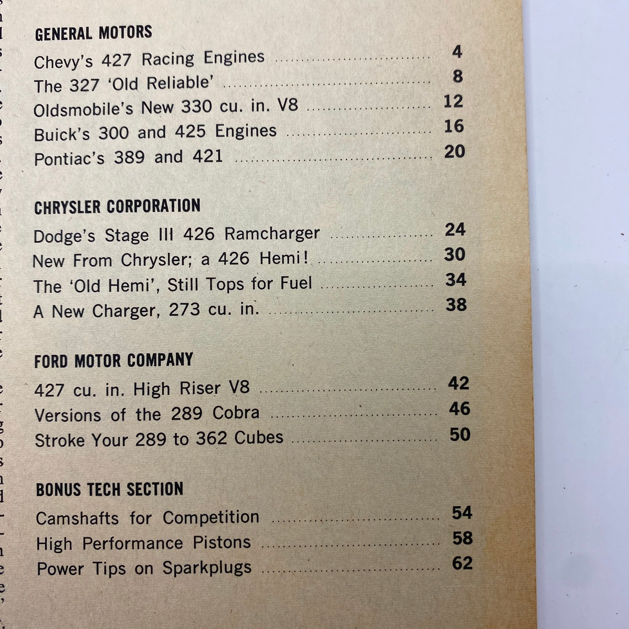 Table of contents from VTG Engines Magazine 1964, listing articles including 'Chevy's 427 Racing Engines', 'Dodge's Stage III 426 Ramcharger', and 'Stroke Your 289 to 362 Cubes'.