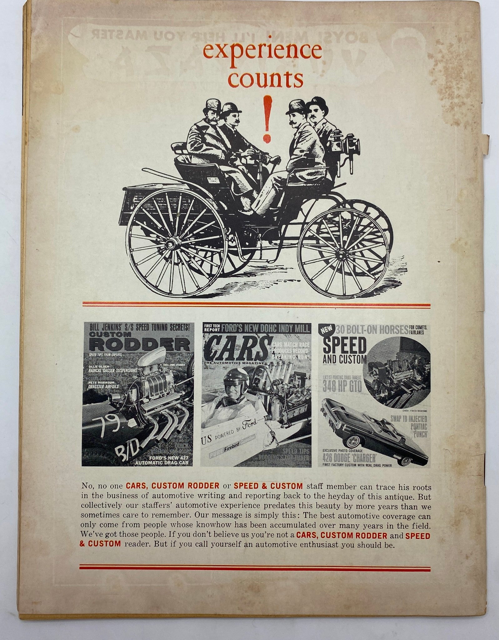 Back cover of VTG Engines Magazine 1964, featuring an illustration of vintage cars with the phrase 'experience counts!', highlighting automotive history and expertise.