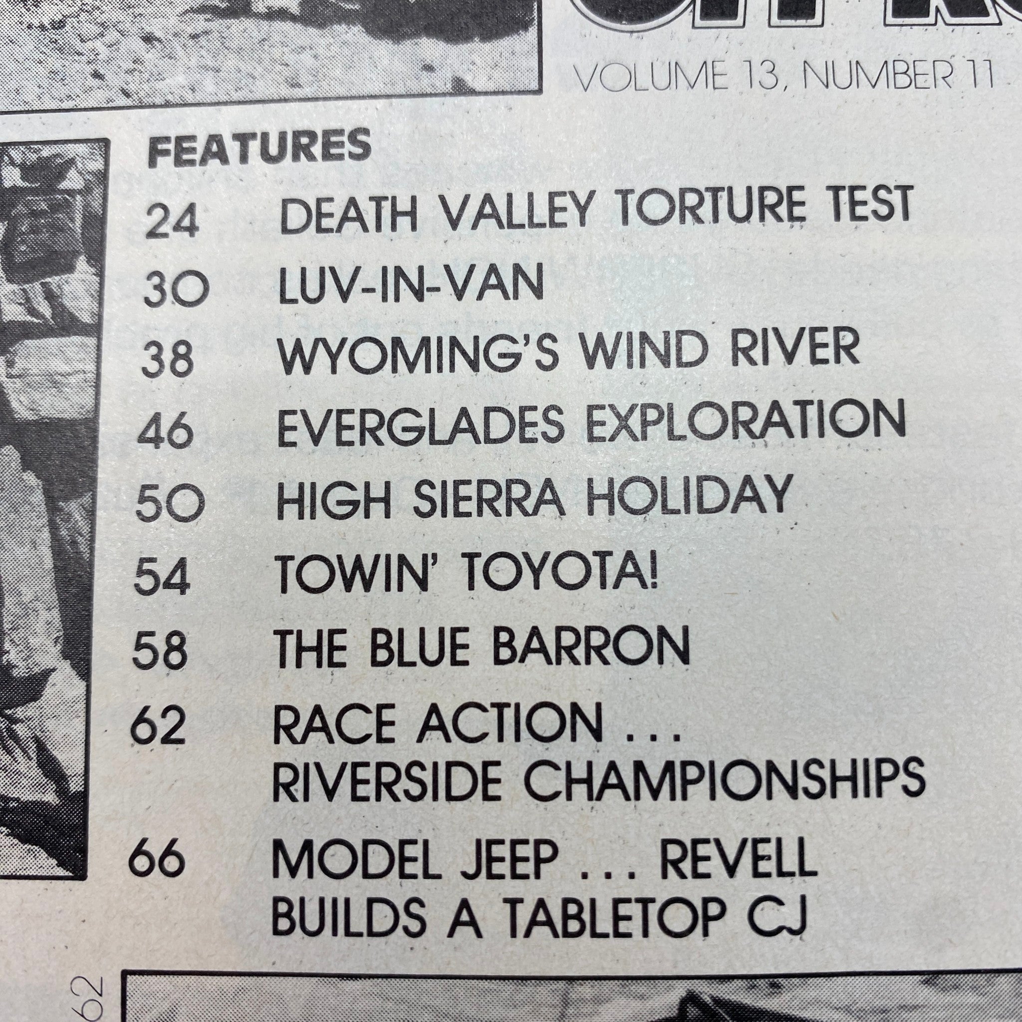 Table of contents from VTG Off-Road Magazine November 1979 detailing features like Death Valley Torture Test and Everglades Exploration.