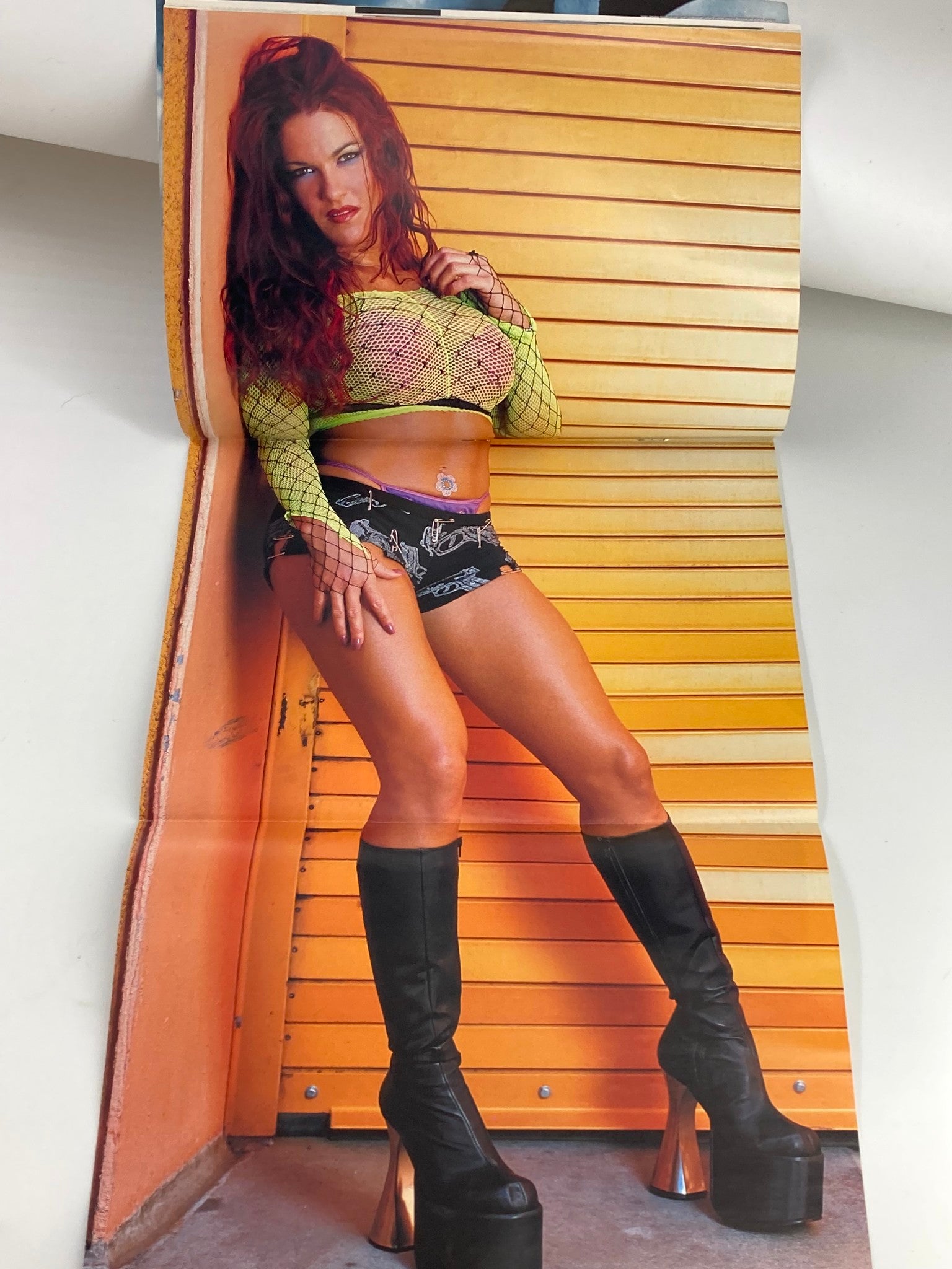 WWF Raw Magazine February 2002 featuring Lita in a striking pose, dressed in a stylish fishnet top and shorts, complemented by high-heeled boots, showcasing the vibrant wrestling culture of the early 2000s.