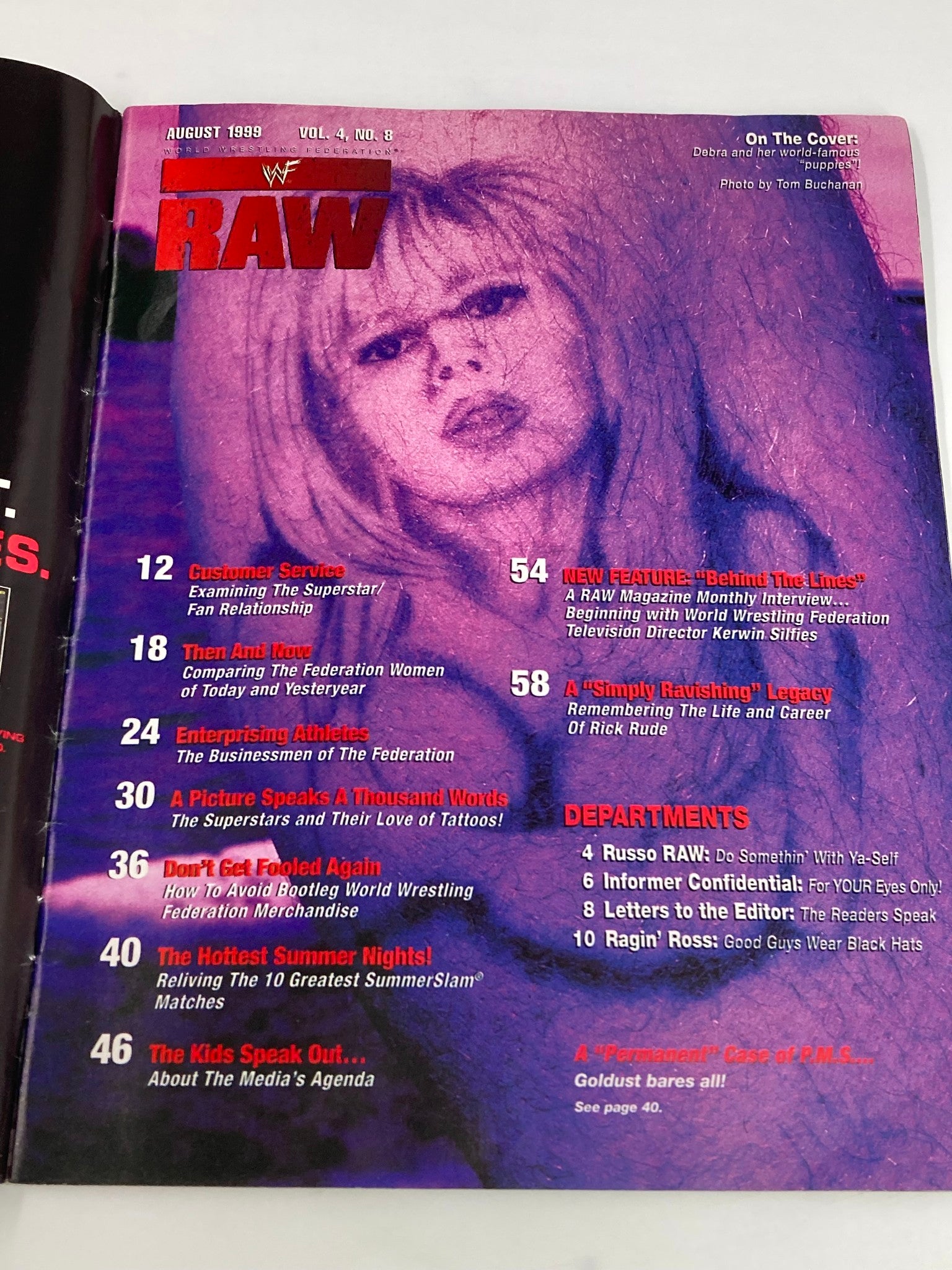 Inside page of WWF Raw Magazine August 1999 showcasing contents and articles.