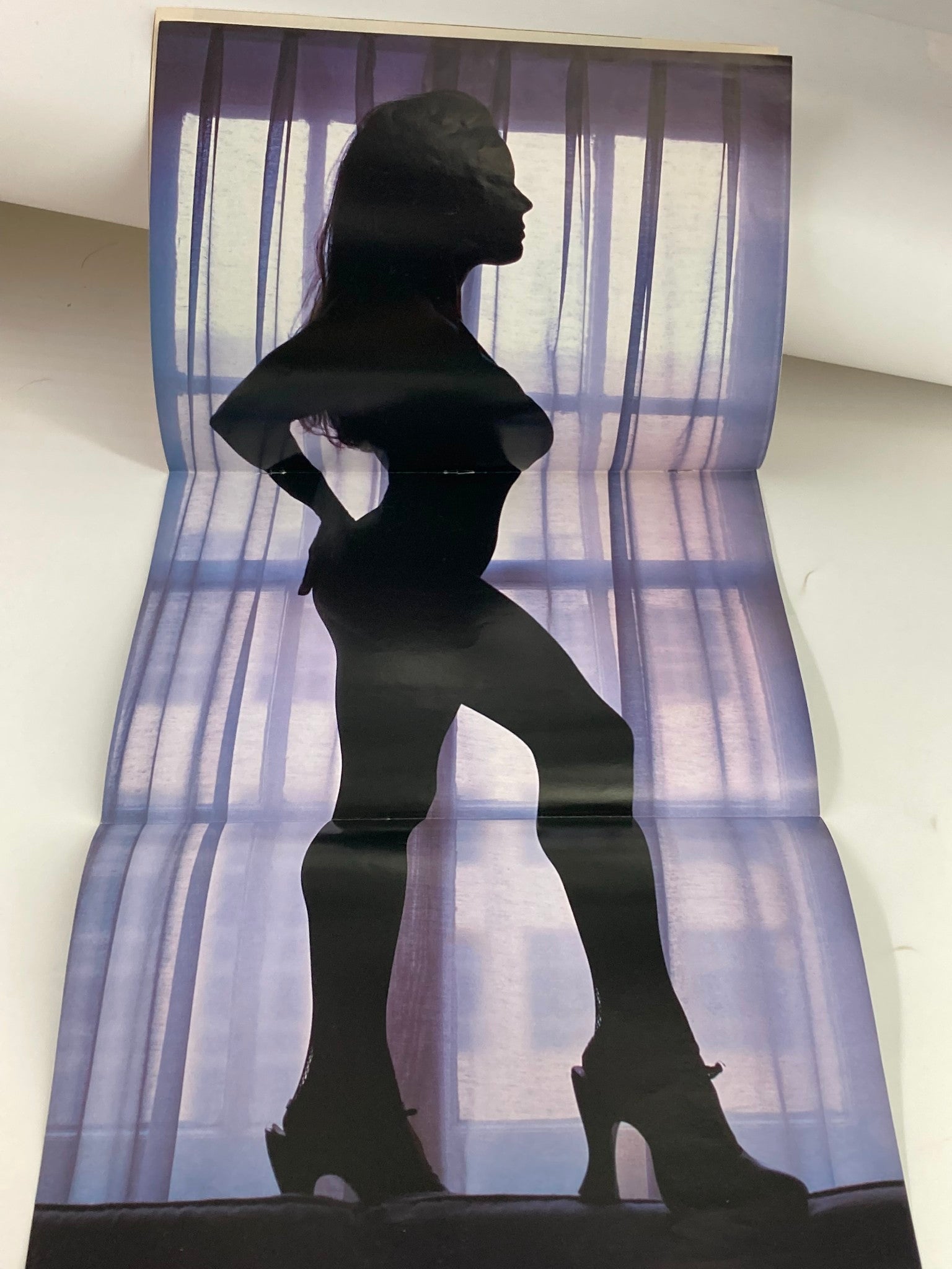 A fold-out poster from WWF Raw Magazine May 1999 depicting a silhouetted figure against curtains, showcasing wrestling-themed content.