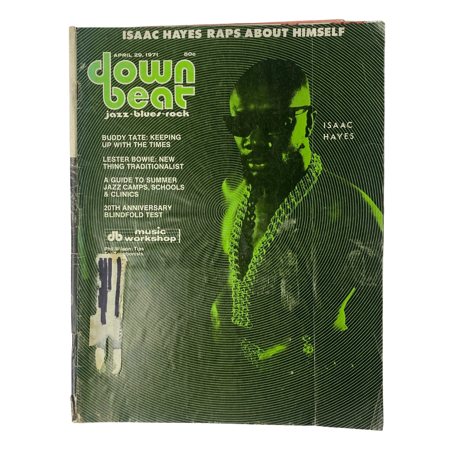 Cover of Down Beat Magazine dated April 29, 1971, Volume 38, Number 9 featuring Isaac Hayes, highlighting interviews with Buddy Tate and Lester Bowie, and articles on music workshops and jazz clinics.