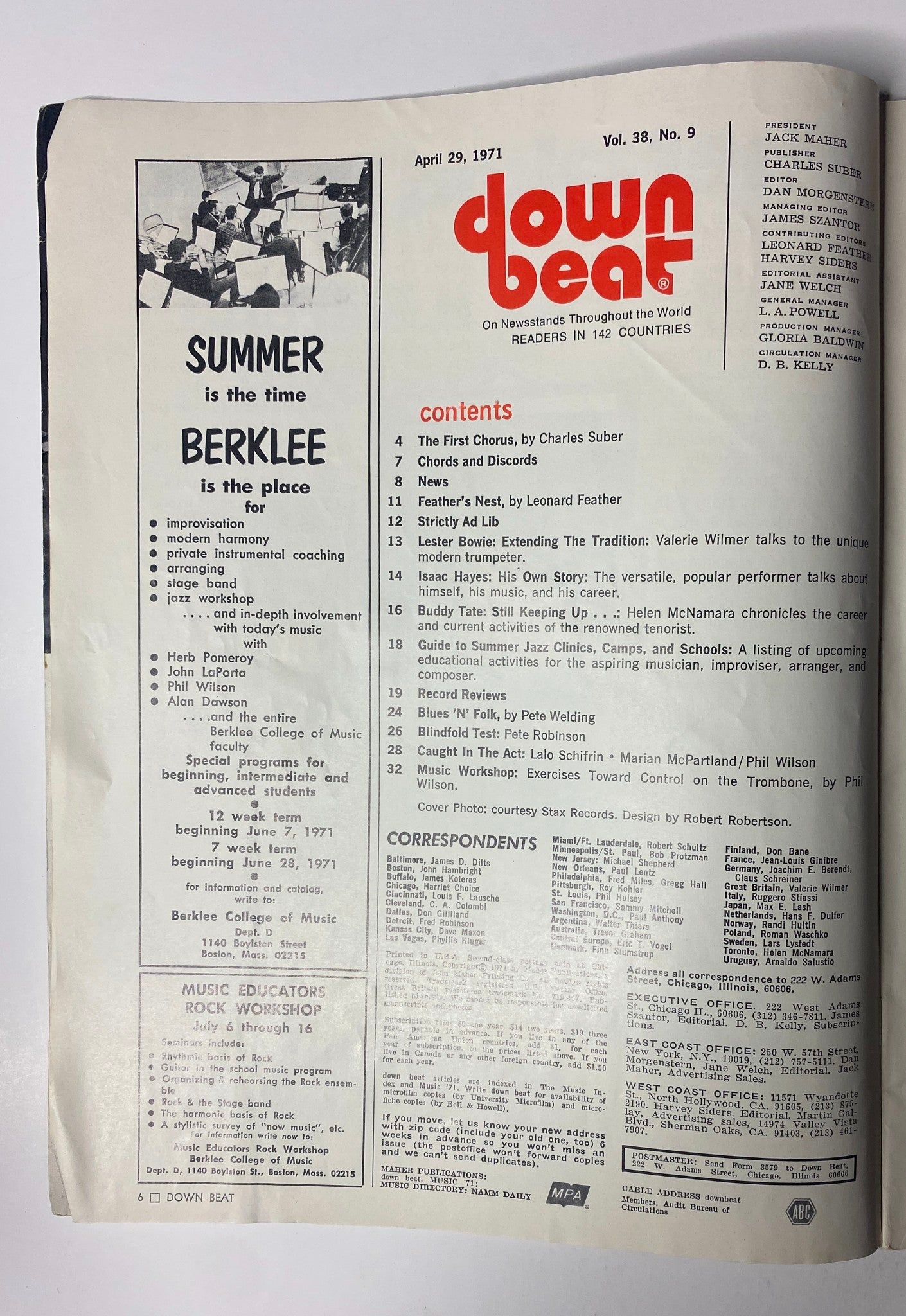 Down Beat Magazine cover from April 29, 1971, Vol. 38 No. 9 featuring a highlight on Isaac Hayes, showcasing the magazine's content including summer jazz programs and music education listings.