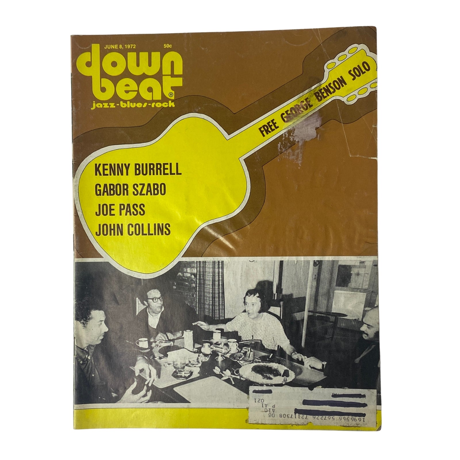 Down Beat Magazine cover from June 8, 1972, Volume 39 No. 11 featuring Kenny Burrell, Gabor Szabo, Joe Pass, and John Collins with a prominent guitar graphic and the words 'Free George Benson Solo.'