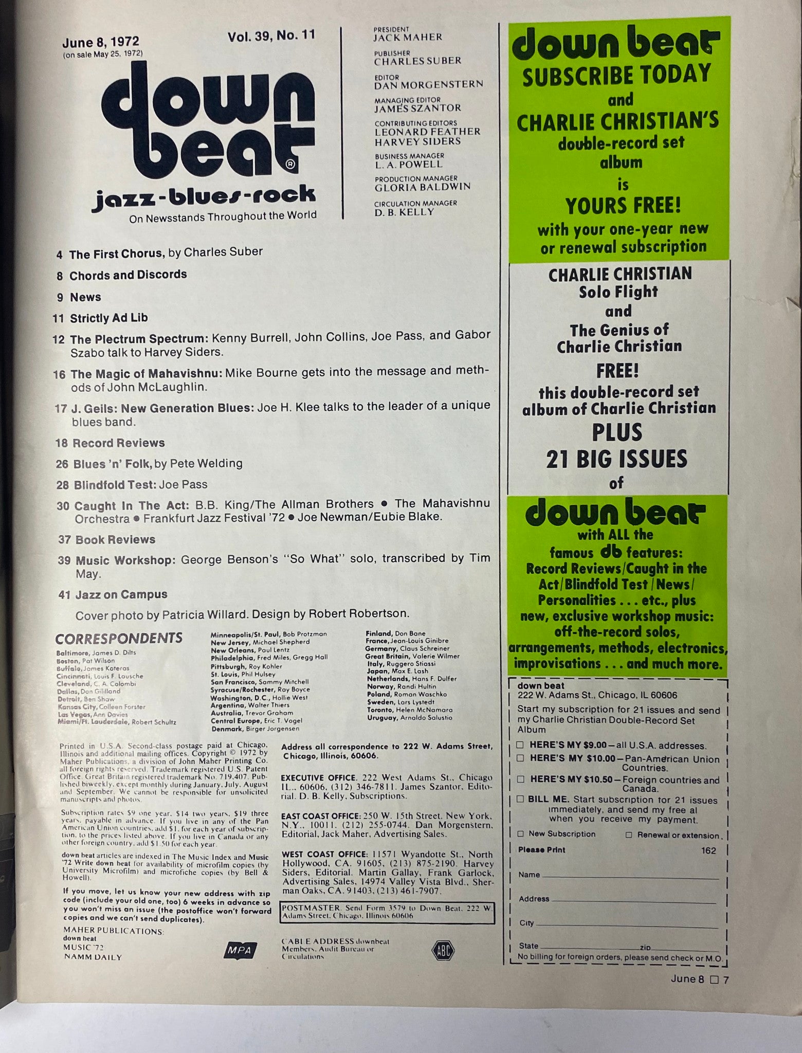 Down Beat Magazine interior page from June 8, 1972, Volume 39 No. 11 displaying the table of contents and articles including features on Kenny Burrell and jazz highlights.