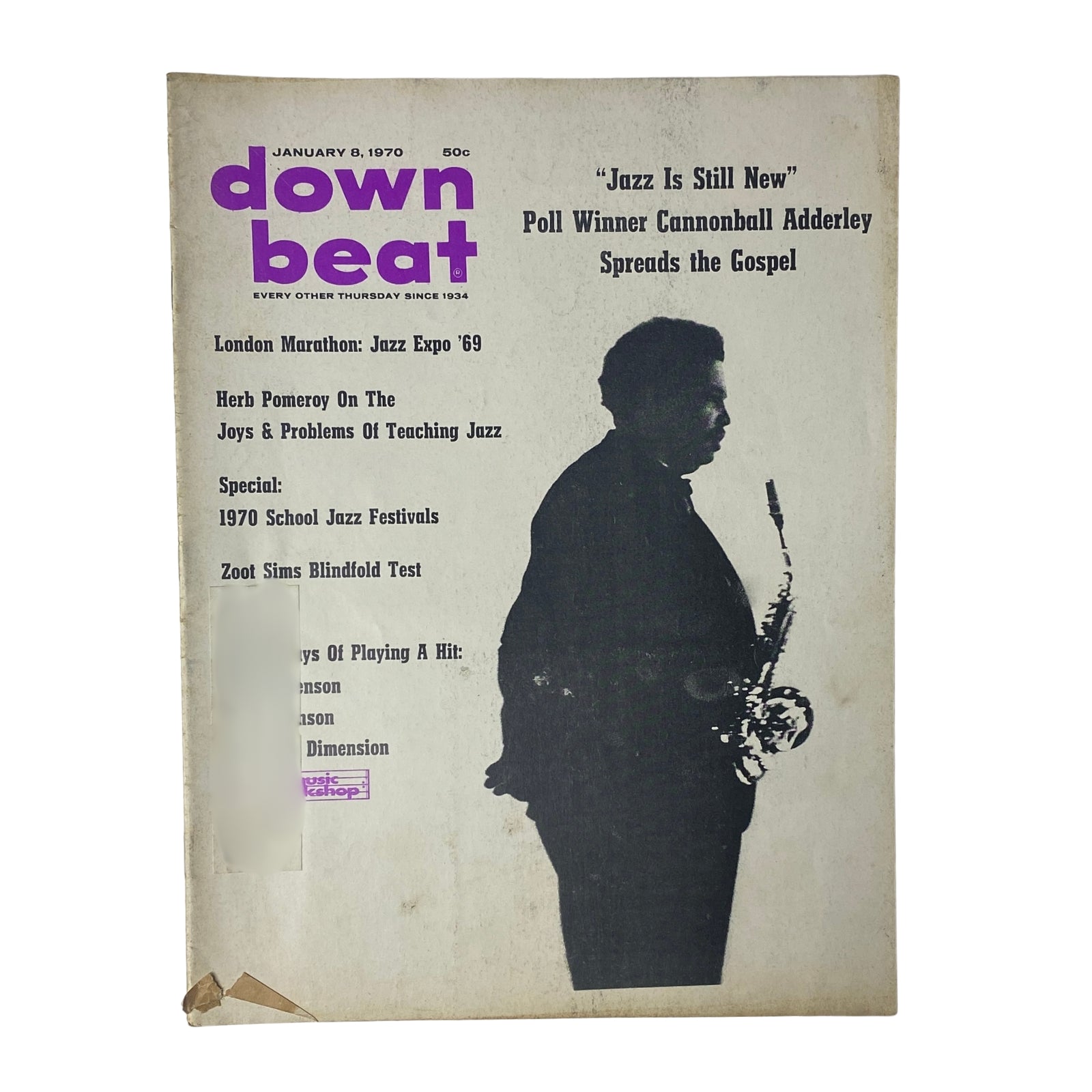 Cover of Down Beat Magazine, January 8, 1970, Vol. 37 No. 1 featuring Cannonball Adderley with the headline 'Jazz Is Still New' and content highlights including Jazz Expo '69 and discussions on teaching jazz.