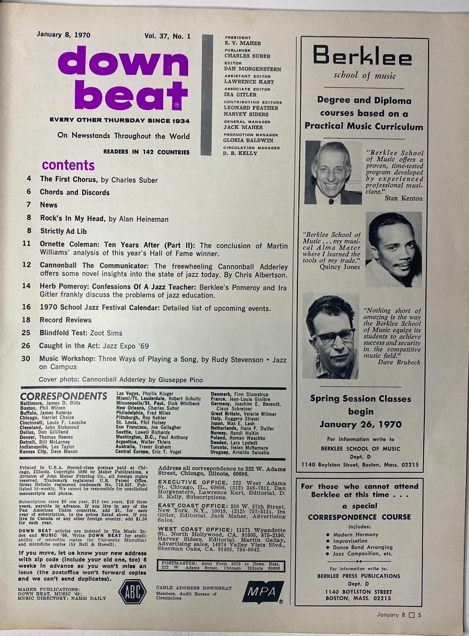 Table of contents page from Down Beat Magazine, January 8, 1970, Vol. 37 No. 1, listing articles such as 'The First Chorus', 'Rock’s In My Head', and 'Blindfold Test: Zoot Sims'.
