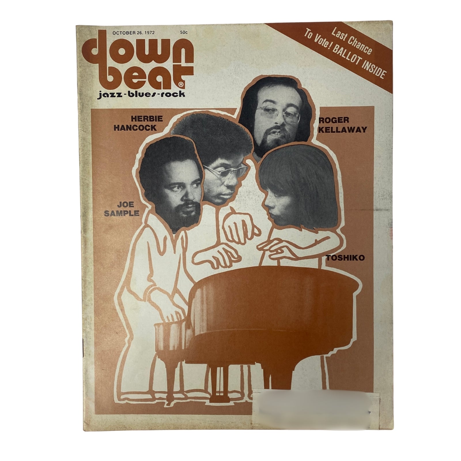 Cover of Down Beat Magazine October 26, 1972 Vol. 39 No. 17 featuring Herbie Hancock, Roger Kellaway, Joe Sample, and Toshi; highlights the last chance to vote for the Readers Poll.