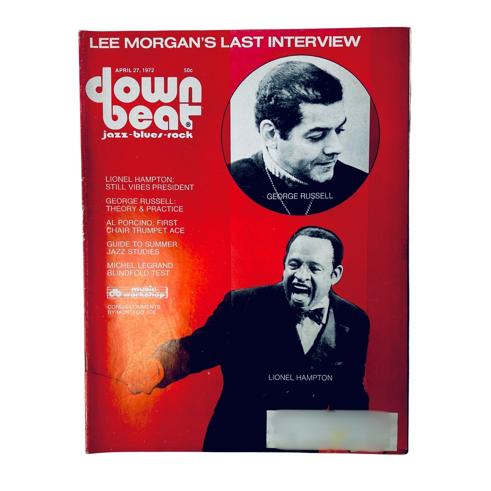 Cover of Down Beat Magazine April 27, 1972 Vol 38 No. 8 featuring George Russell and Lionel Hampton, highlighting Lee Morgan's last interview.