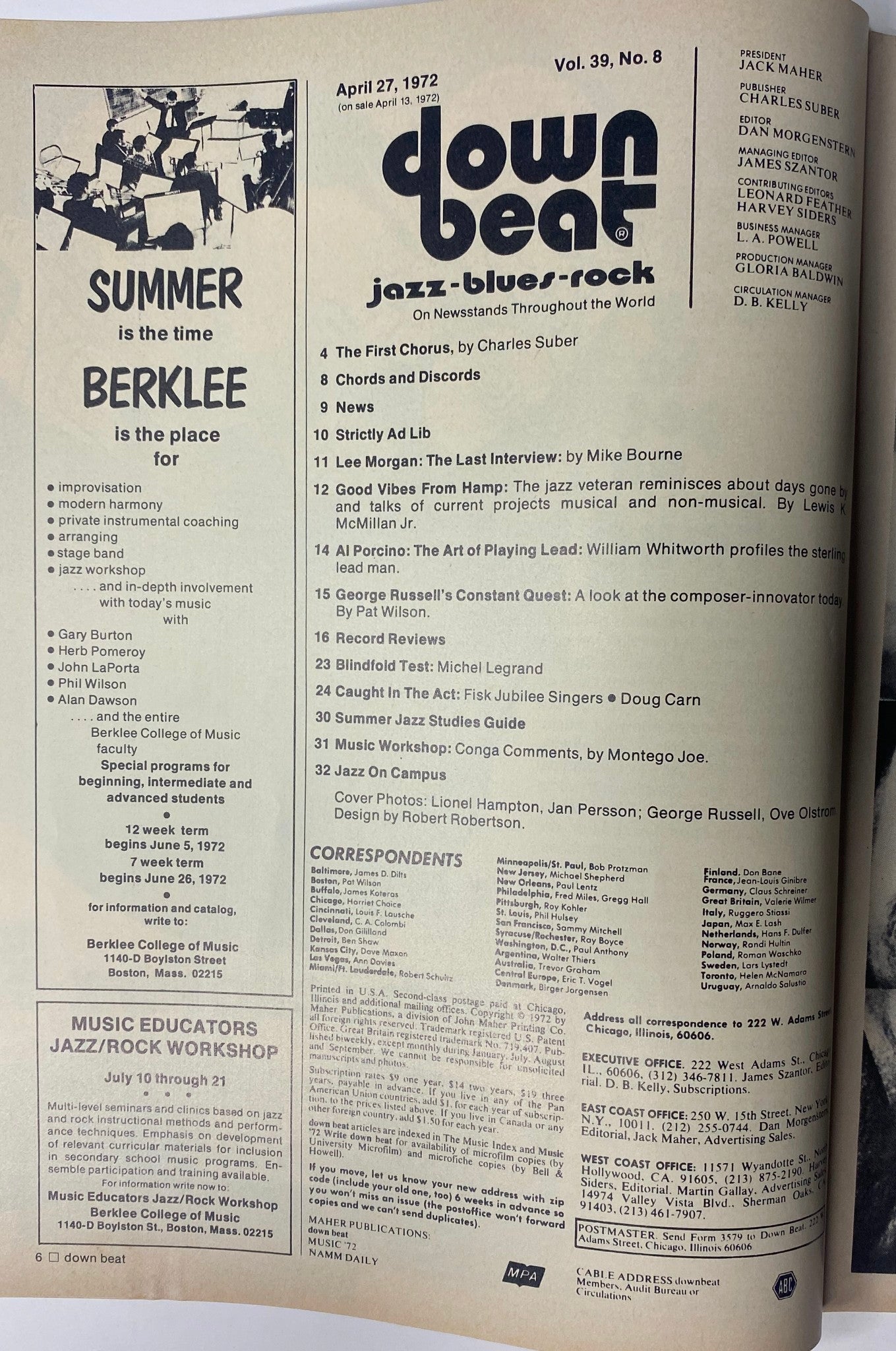 Table of Contents from Down Beat Magazine April 27, 1972 Vol 38 No. 8, listing articles and features on jazz including Lee Morgan's interview and profiles on Lionel Hampton and George Russell.