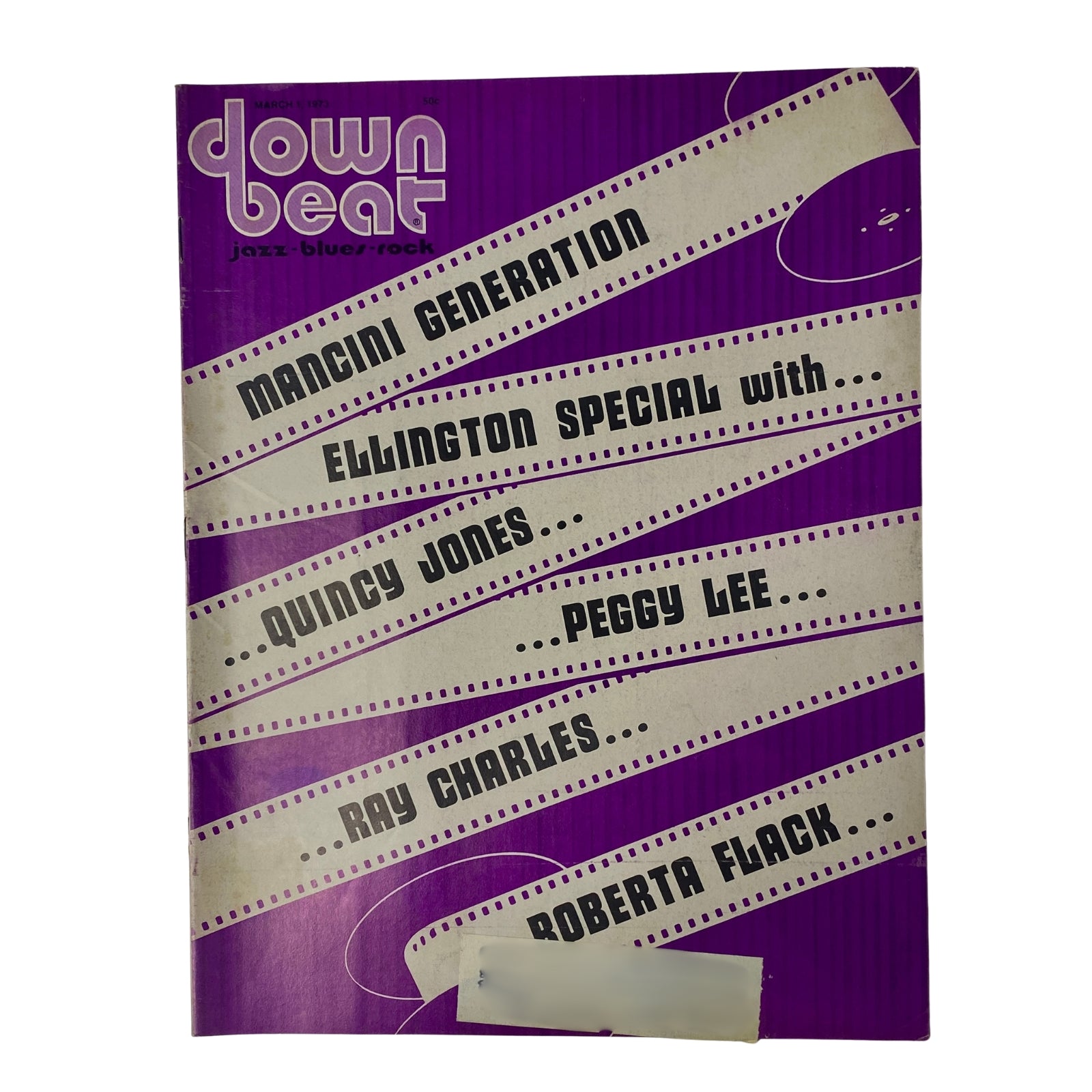 Cover of Down Beat Magazine, March 1, 1973, Volume 40, No. 4 featuring Quincy Jones and Peggy Lee, with headlines for articles on the Mancini Generation, Ellington Special, Ray Charles, and Roberta Flack.