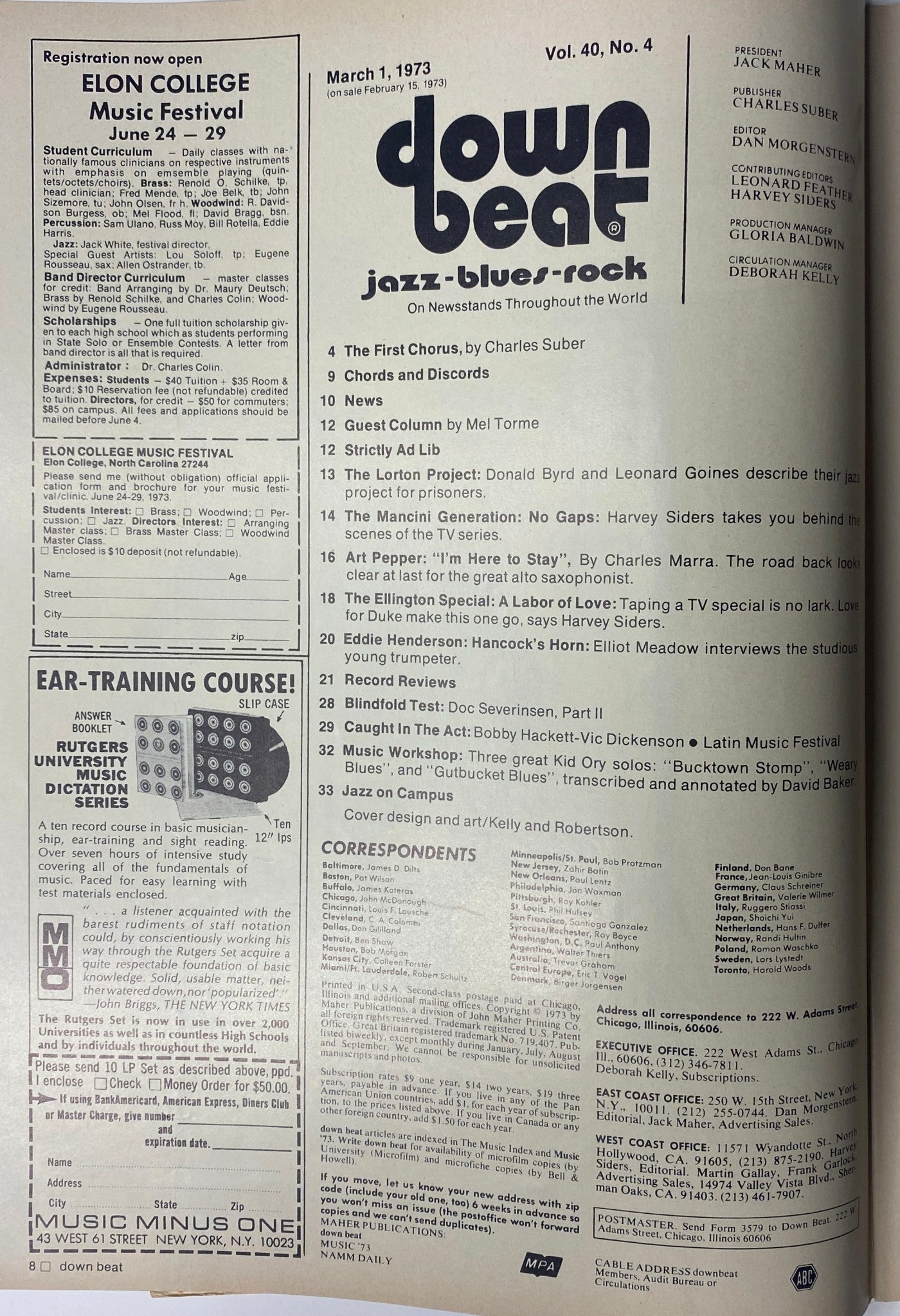 Table of contents from Down Beat Magazine March 1, 1973 Vol 40 No. 4 featuring articles about Quincy Jones, Peggy Lee, and various jazz musicians. Includes details on the music festival and workshops, highlighting the vibrant jazz scene of the early 1970s.
