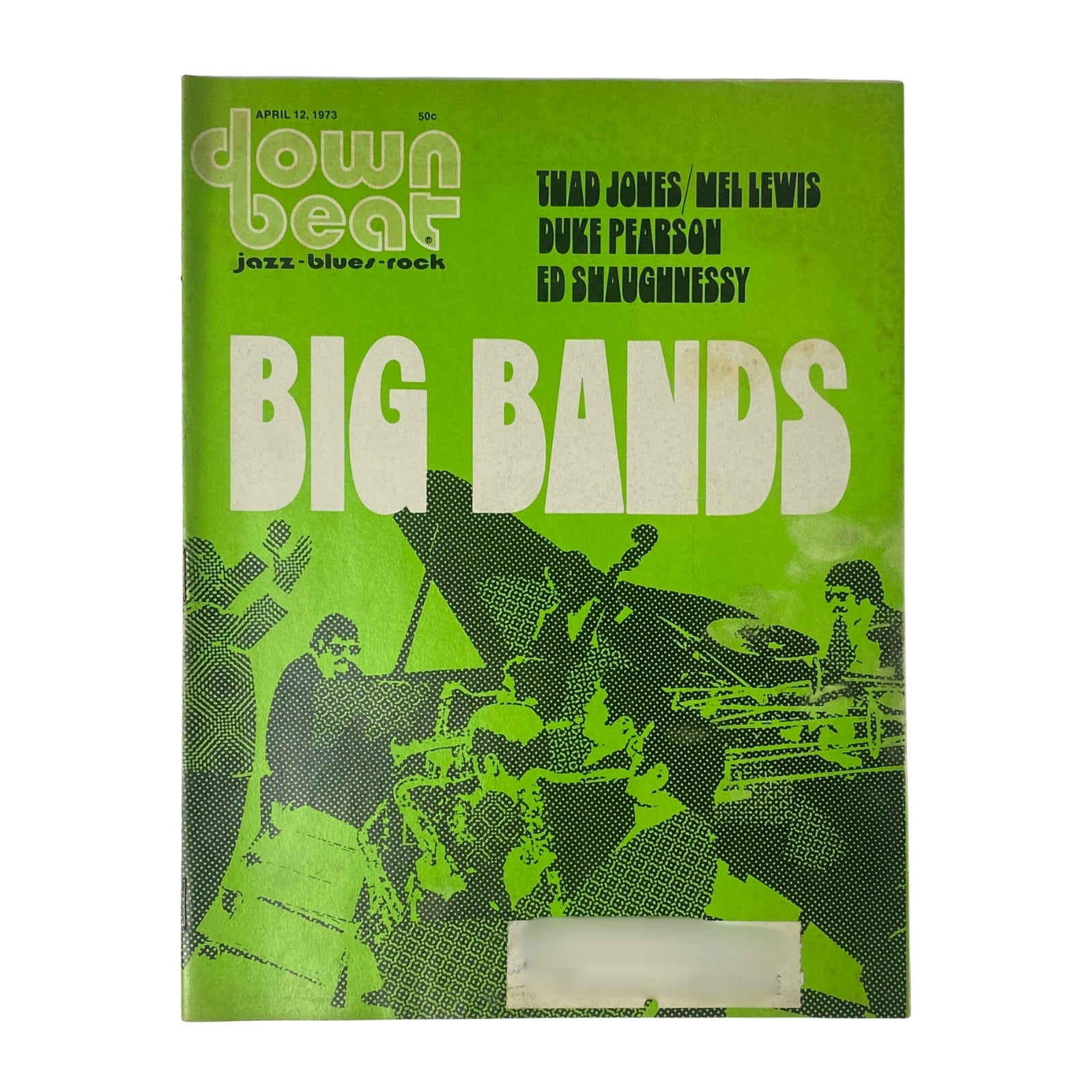 Cover of Down Beat Magazine, April 12, 1973, featuring Thad Jones, Mel Lewis, Duke Pearson, and Ed Shaughnessy, showcasing the theme 'Big Bands' with vibrant green design.