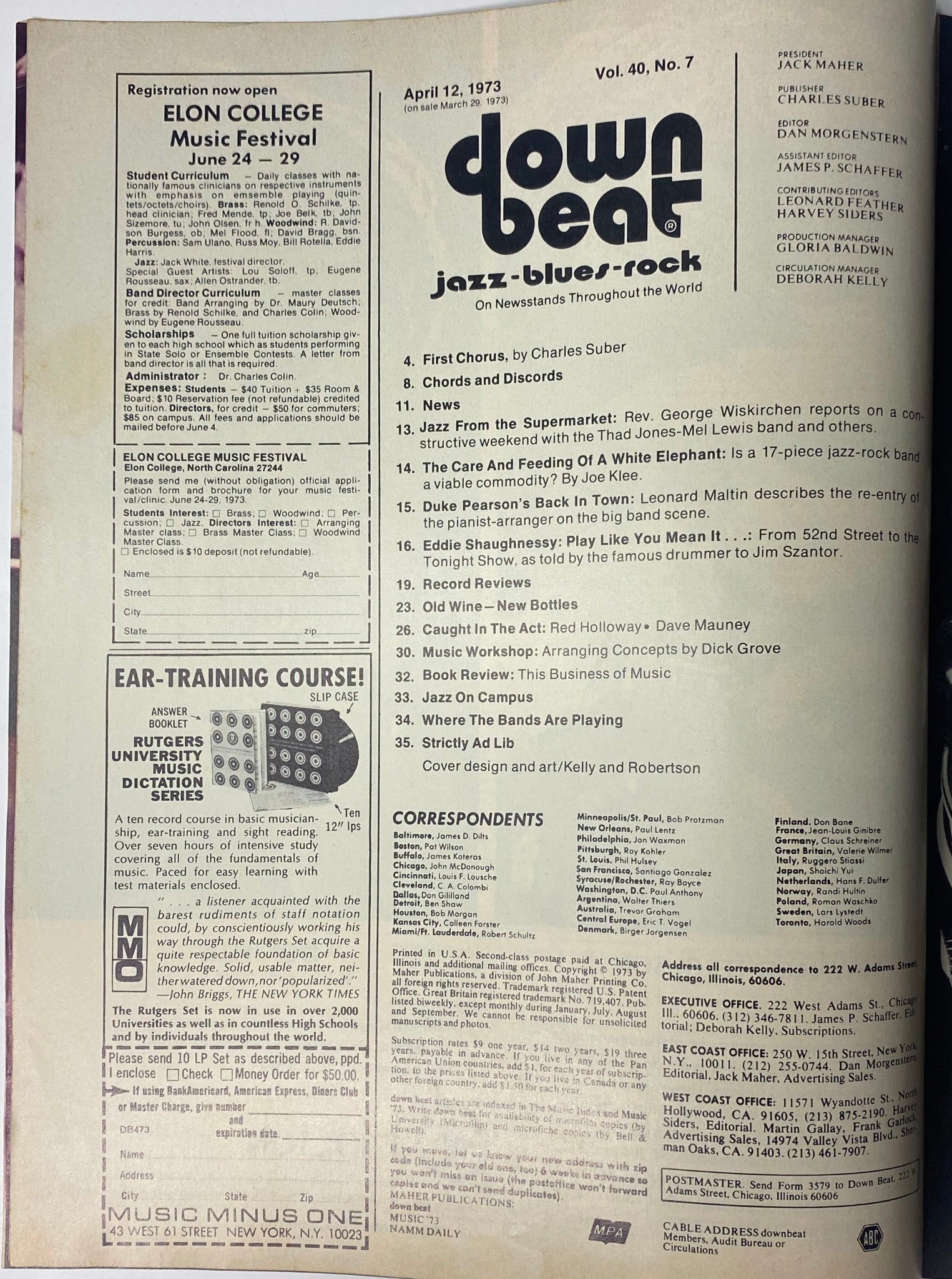 Inside page of Down Beat Magazine, April 12, 1973, Vol 40 No 7, detailing articles including 'First Chorus' by Charles Suber and listings like Ear-Training Courses, offering insights into jazz performances.
