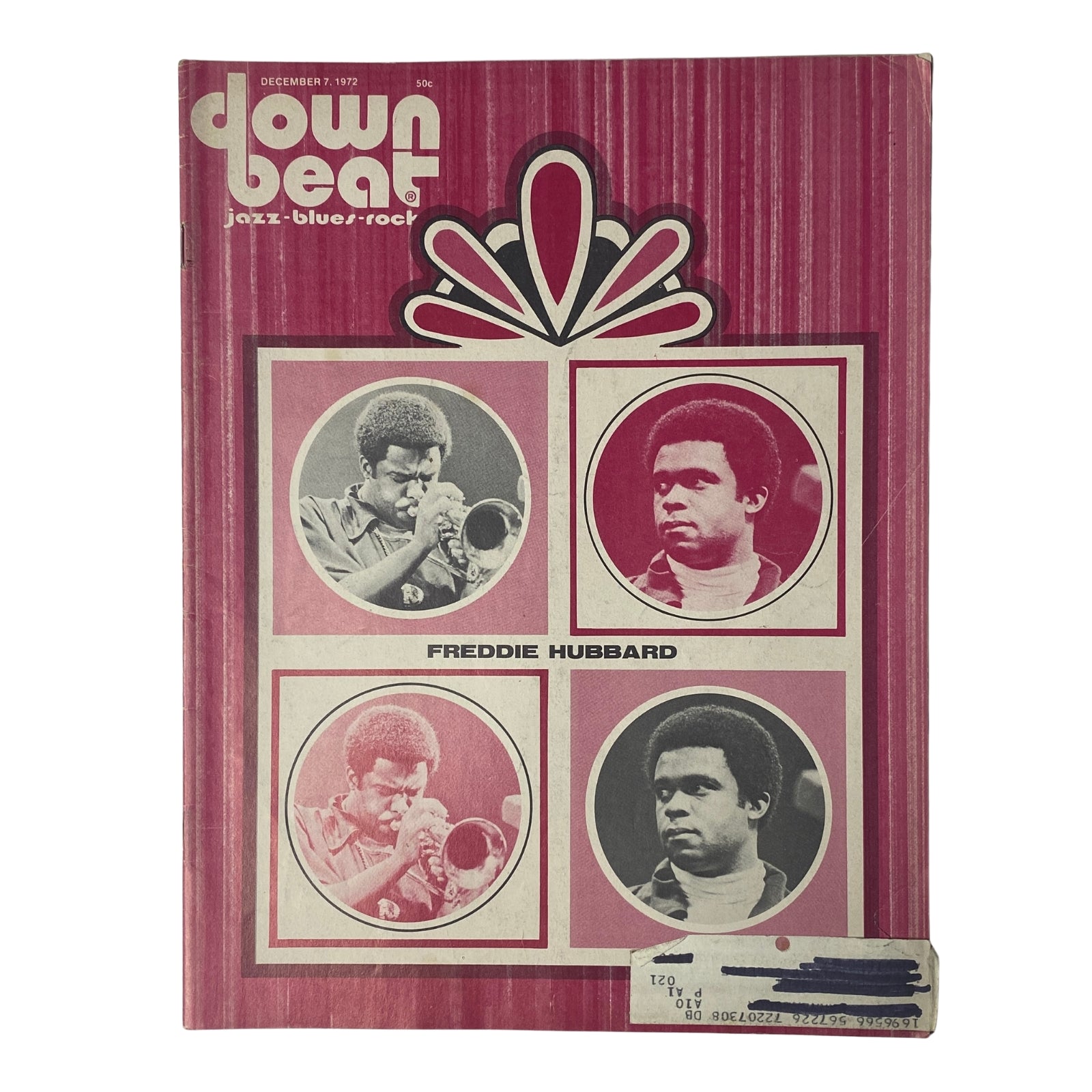 Cover of Down Beat Magazine December 7, 1972, Vol 39 No 20 featuring Freddie Hubbard with a bold pink design and cover art, highlighting important jazz figures.