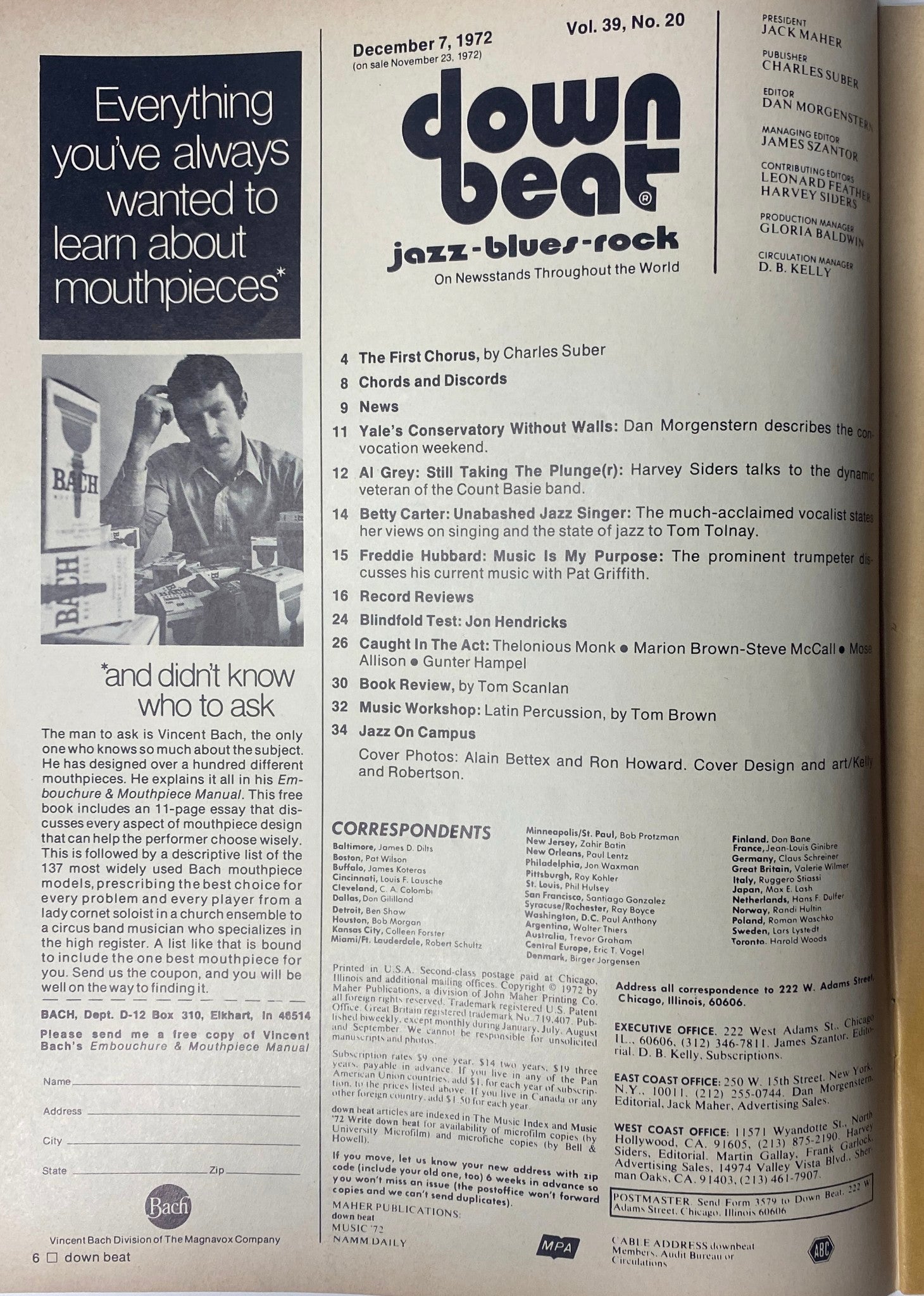 Table of contents from Down Beat Magazine December 7, 1972, Vol 39 No 20, showcasing articles, features, and interviews related to jazz, blues, and rock music.