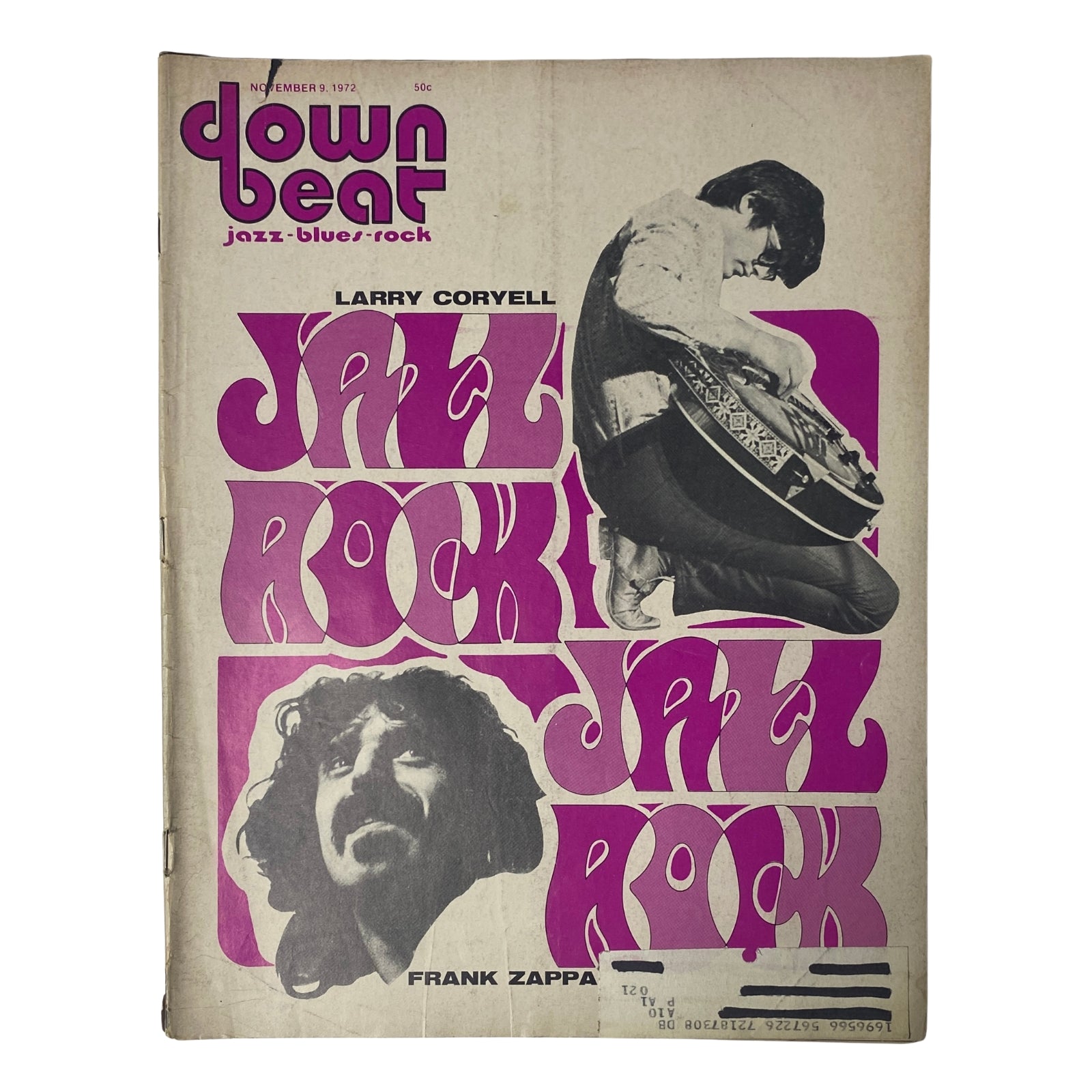 Cover of Down Beat Magazine from November 9, 1972, Vol 39 No. 18 featuring Larry Coryell and Frank Zappa, showcasing the themes of jazz, blues, and rock.