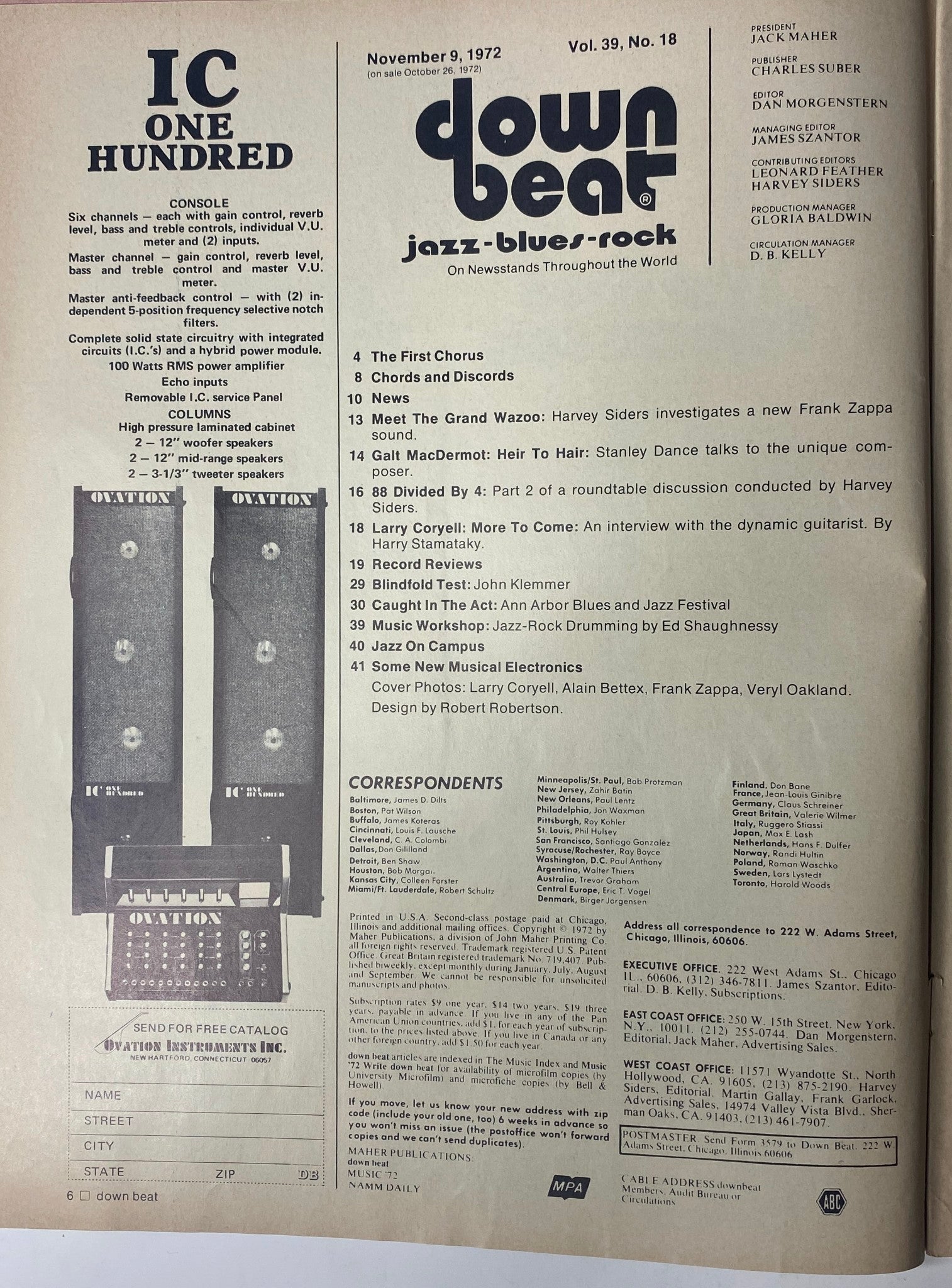 Table of contents of Down Beat Magazine, November 9, 1972, Vol 39 No. 18, including features on Larry Coryell, Alain Bettex, and Frank Zappa.