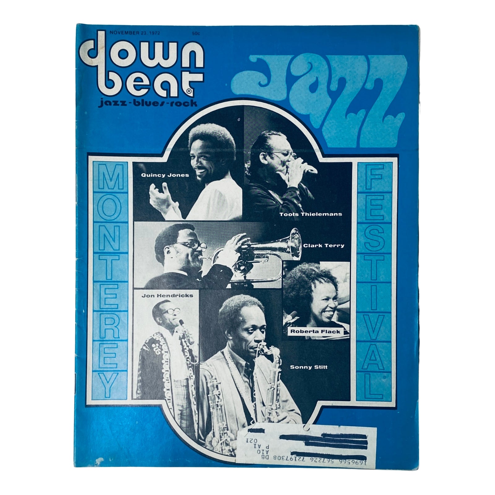 Down Beat Magazine cover from November 23, 1972, featuring Clark Terry, Joseph Johnson, and highlights from the Monterey Jazz Festival, showcasing a vibrant jazz scene.