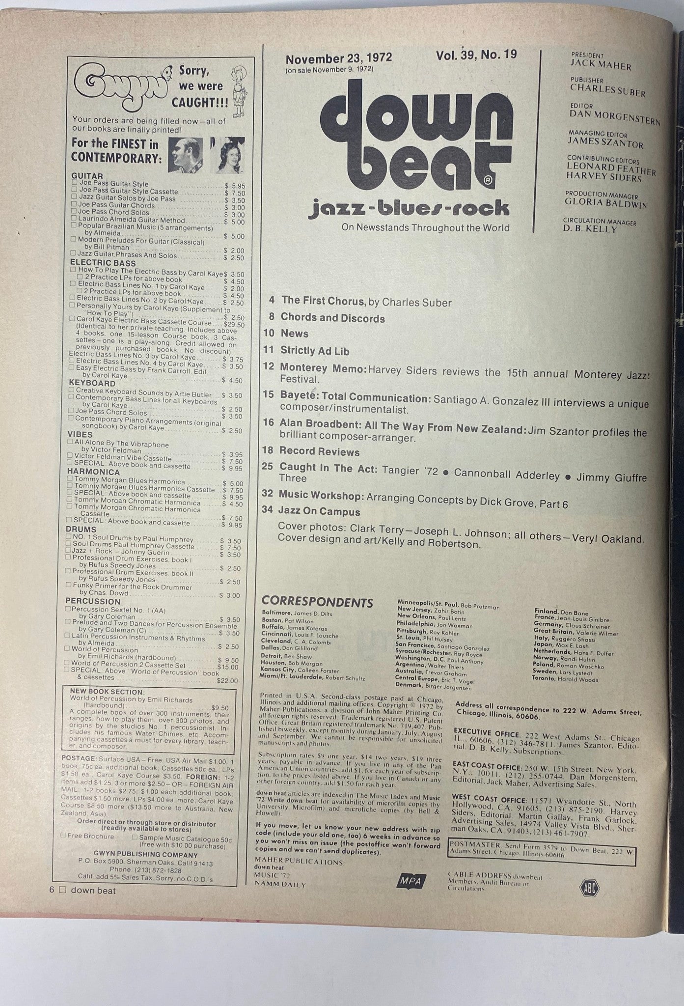 Down Beat Magazine November 23, 1972, Vol 39 No 19 featuring Clark Terry and Joseph Johnson on the cover, showcasing articles on the Monterey Jazz Festival, composer Bayeté, and arranger Alan Broadbent.