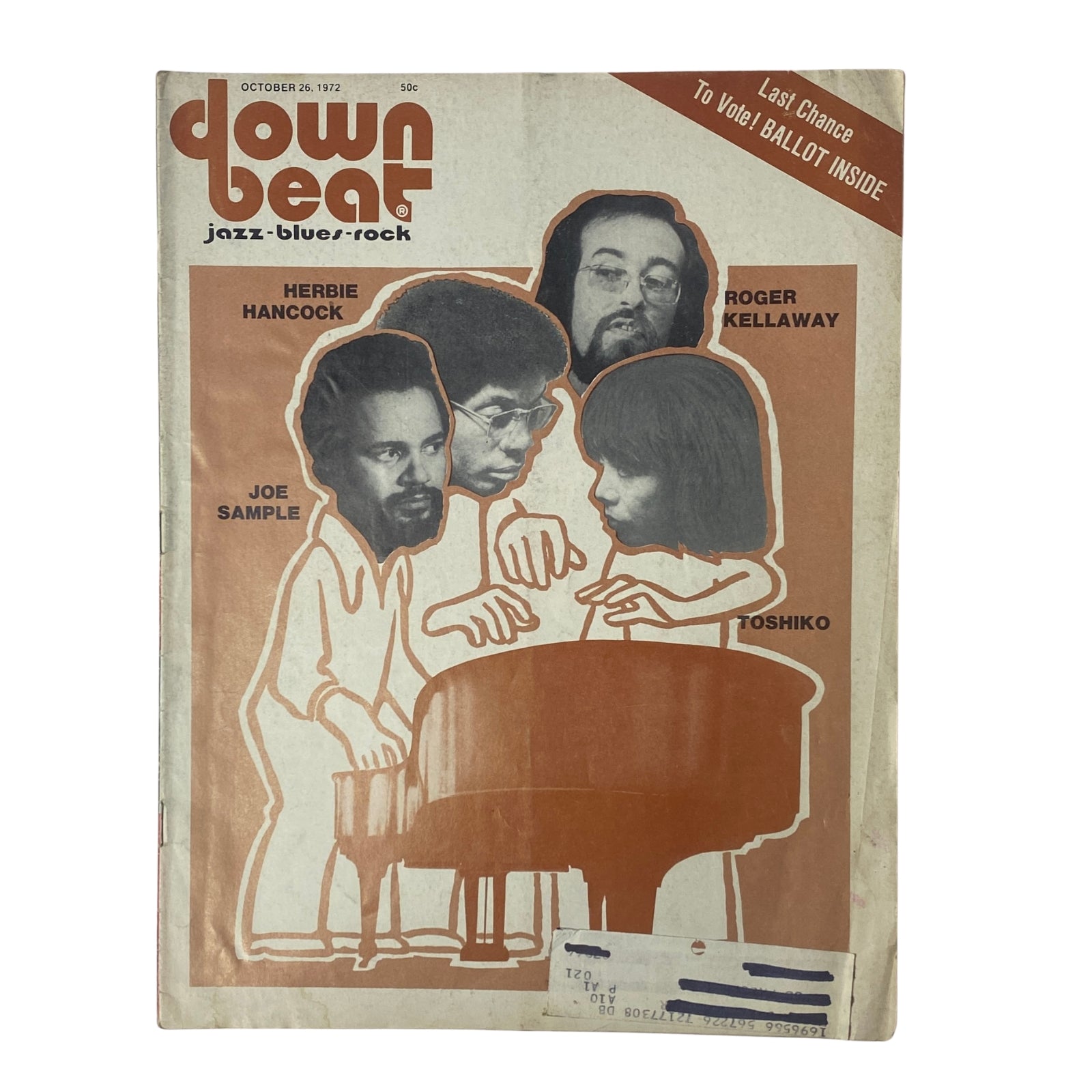 Cover of Down Beat Magazine, October 26, 1972, Vol 39 No. 17 featuring Annette Parks and a roundtable discussion with Herbie Hancock, Roger Kellaway, Joe Sample, and Toshiko Akiyoshi.