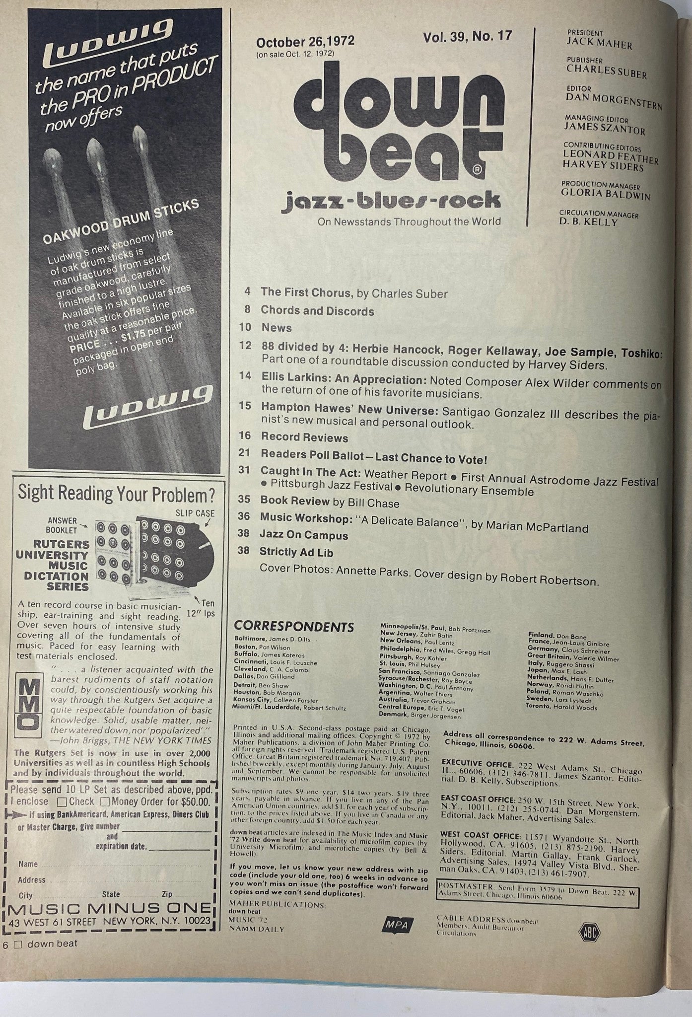 Cover of Down Beat Magazine, October 26, 1972, Volume 39, Number 17 featuring Annette Parks. Highlights include articles about Herbie Hancock, Roger Kellaway, Joe Sample, and a roundtable discussion on jazz.