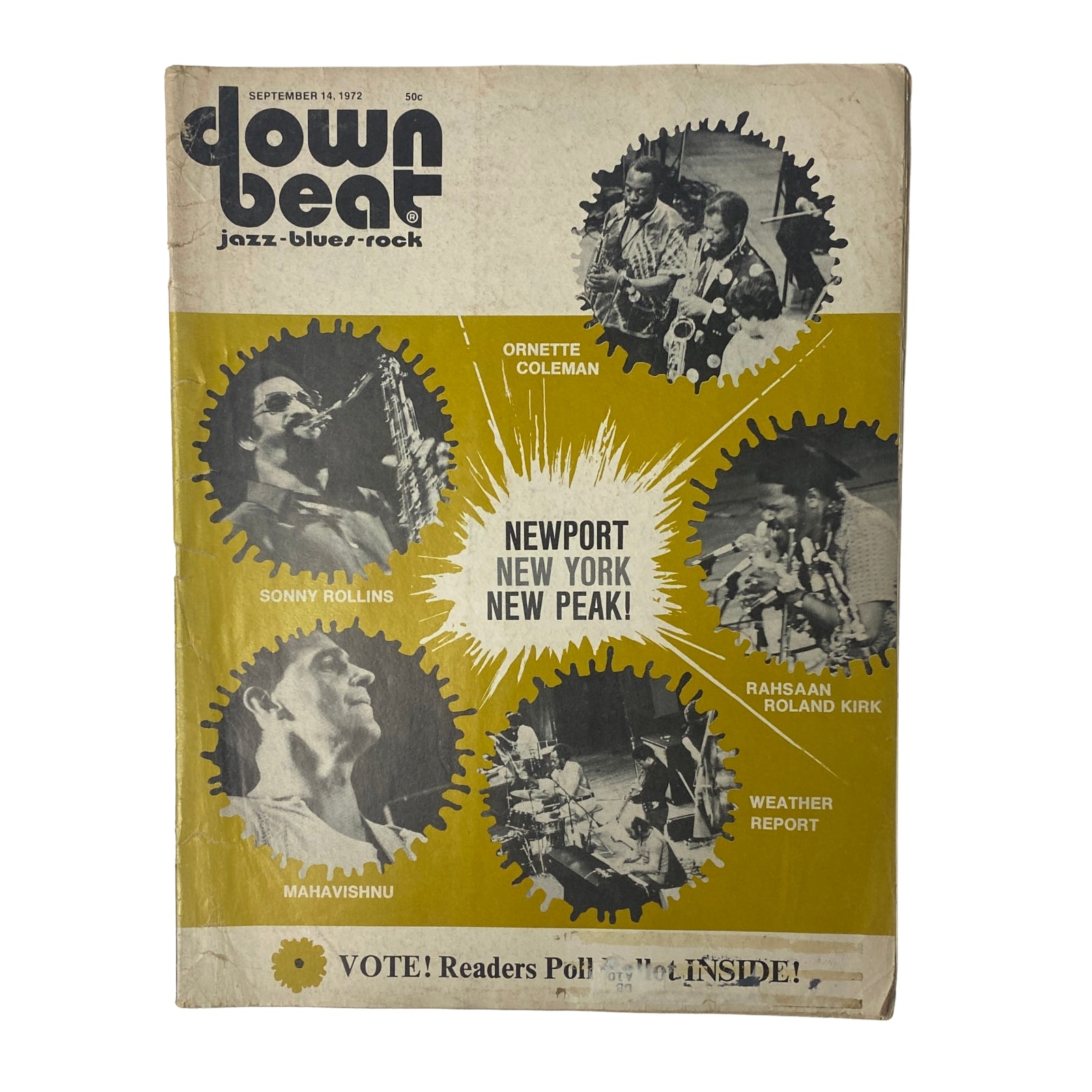 Cover of Down Beat Magazine, September 14, 1972, Vol 39 No. 15 featuring Alain Lerner, showcasing Newport in New York Festival with prominent jazz artists including Sonny Rollins and Ornette Coleman.