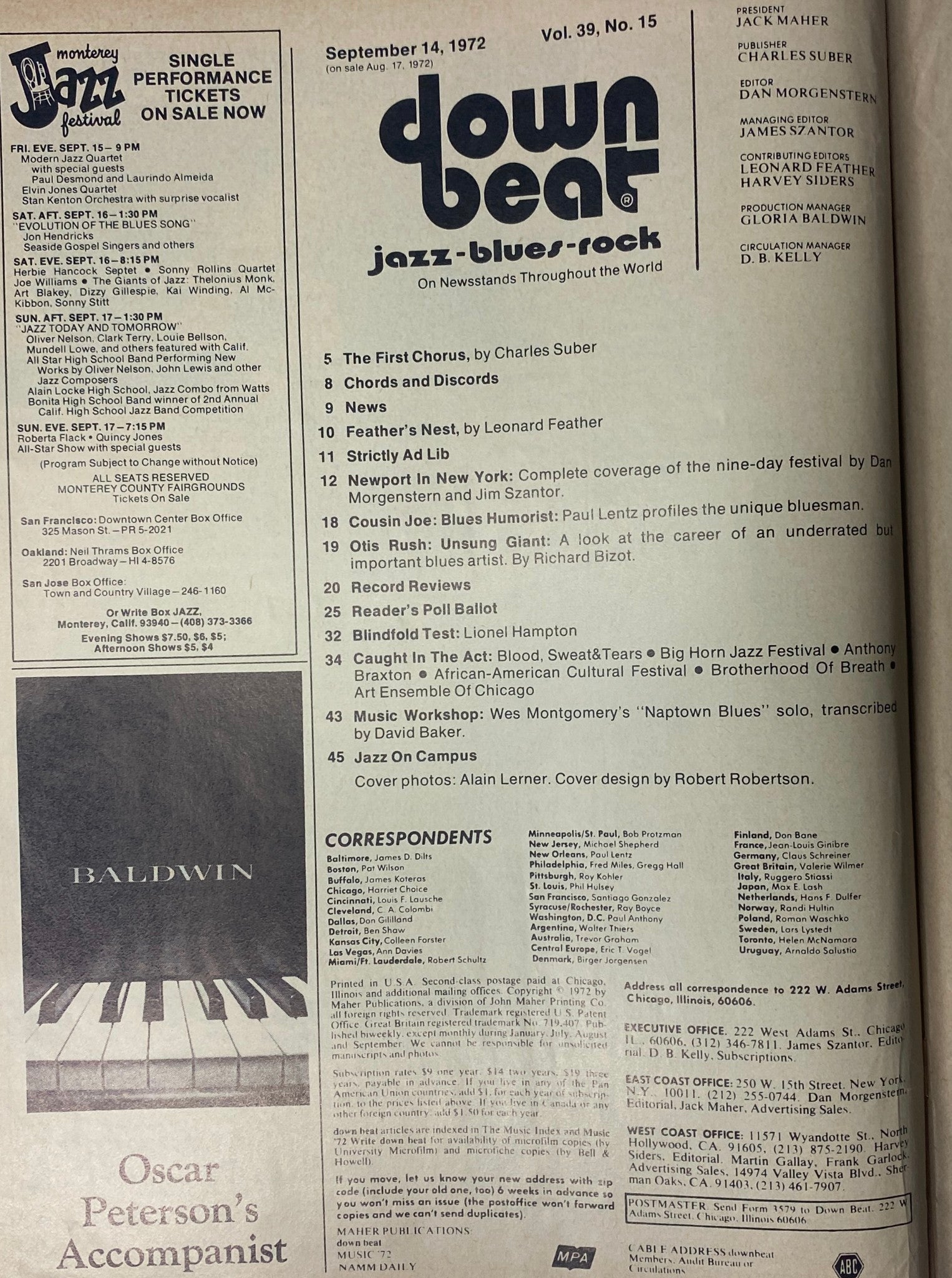 Table of contents for Down Beat Magazine, September 14, 1972, Vol 39 No. 15 detailing articles on jazz highlights and features, such as Newport in New York Festival coverage and artist profiles.