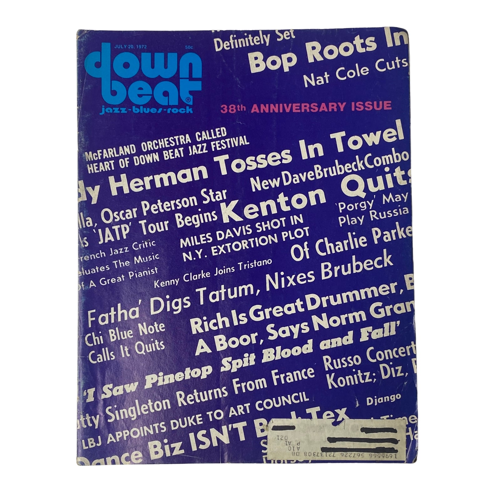 Cover of Down Beat Magazine, July 20, 1972, Volume 39 No. 13, featuring bold, colorful text and a celebration of jazz music, highlighting the 38th anniversary issue.