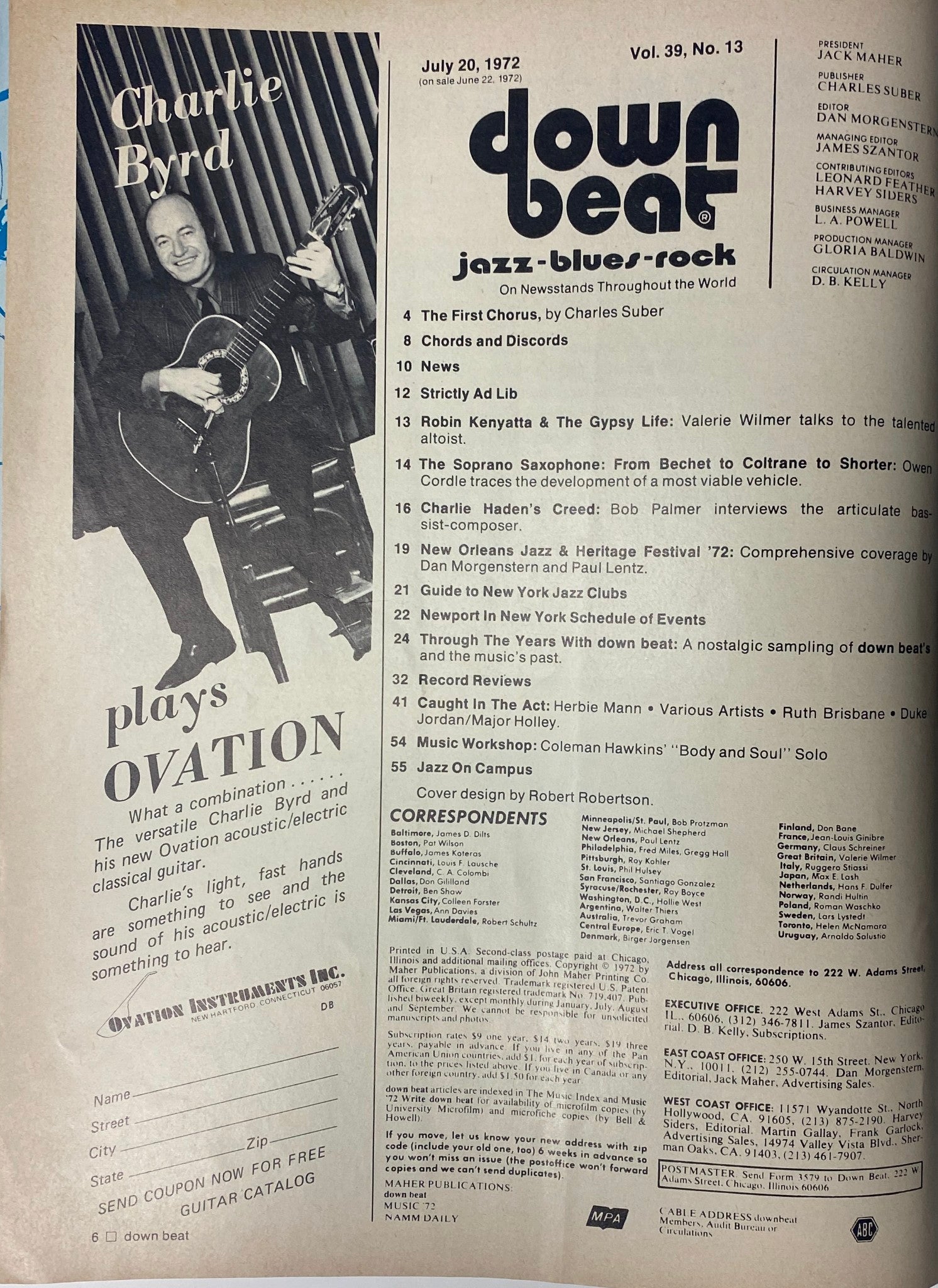 Inside page of Down Beat Magazine, July 20, 1972, Volume 39 No. 13, featuring an article about Robin Kenyatta and The Gypsy Life, along with a portrait of Charlie Byrd.