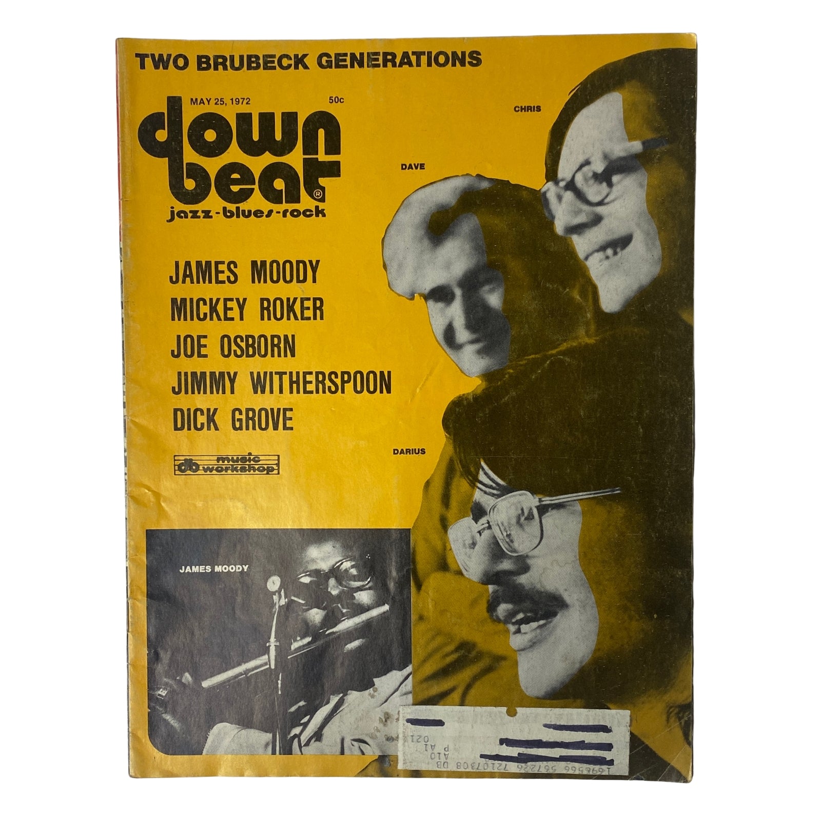 Down Beat Magazine cover featuring James Moody, Mickey Roker, and Joe Osborn, published on May 25, 1972. The vibrant yellow cover highlights the names of notable jazz musicians and features images from the jazz era.