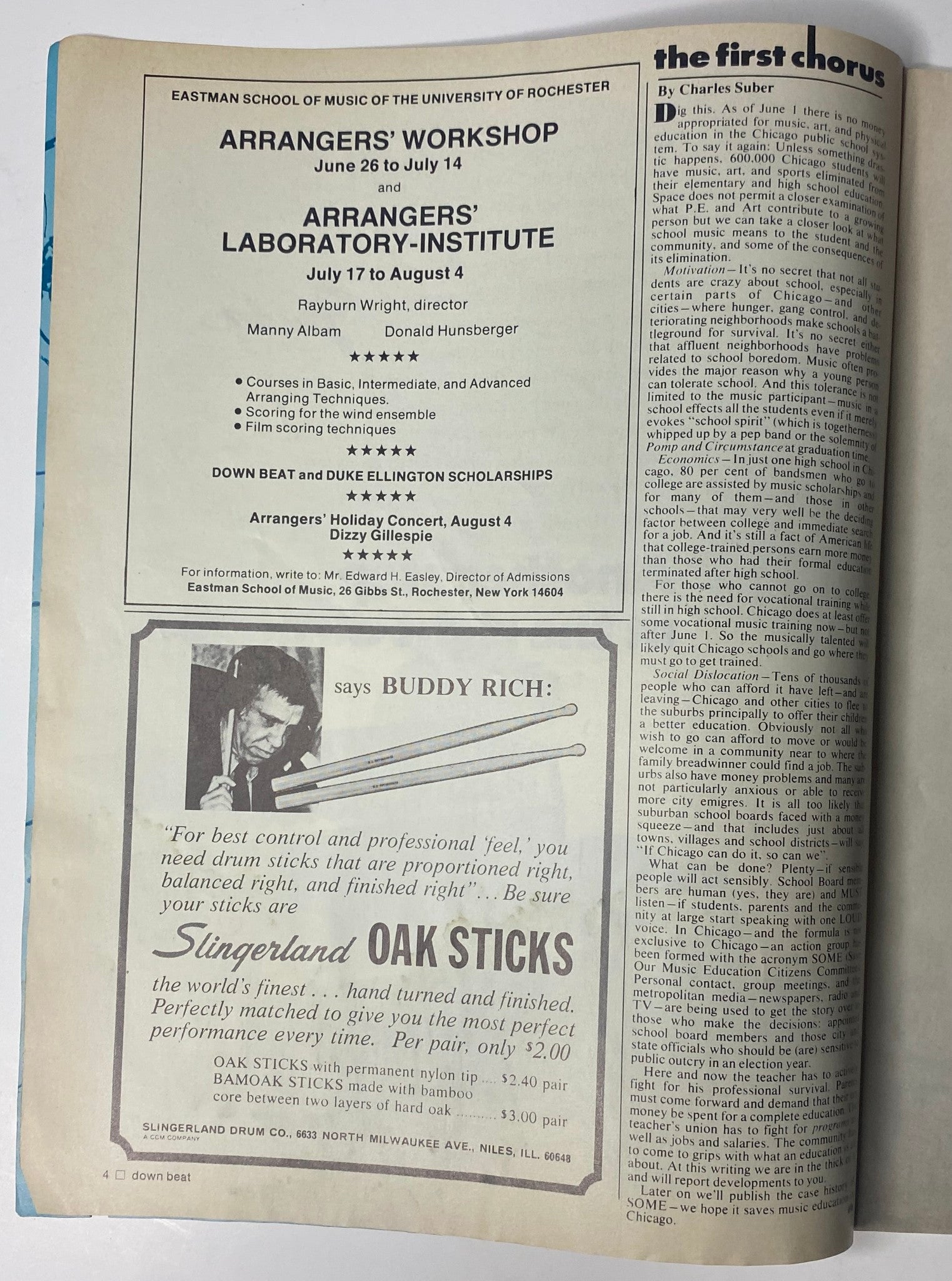 Interior page of Down Beat Magazine, showcasing an advertisement for the Eastman School of Music's Arrangers' Workshop and Down Beat and Duke Ellington Scholarships. Part of the May 25, 1972 issue featuring famous jazz artists.
