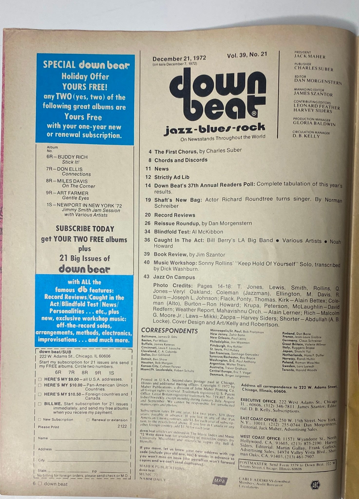Interior page of Down Beat Magazine, December 21, 1972, Vol 39 No. 21 showcasing the table of contents and articles such as 'Strictly Ad Lib' and 'Down Beat’s 37th Annual Readers Poll'.