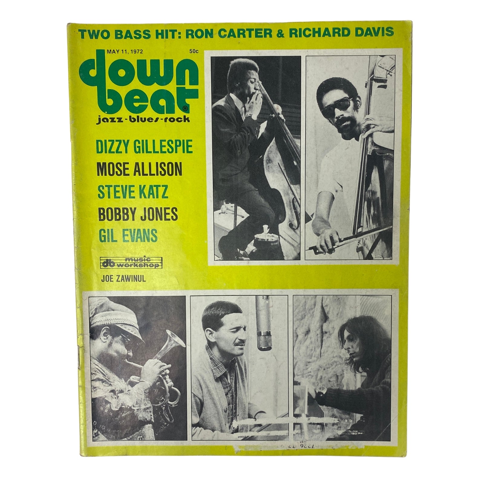Down Beat Magazine, May 11, 1972, featuring Ron Carter and Dizzy Gillespie on the cover, highlighting insightful interviews and jazz articles.