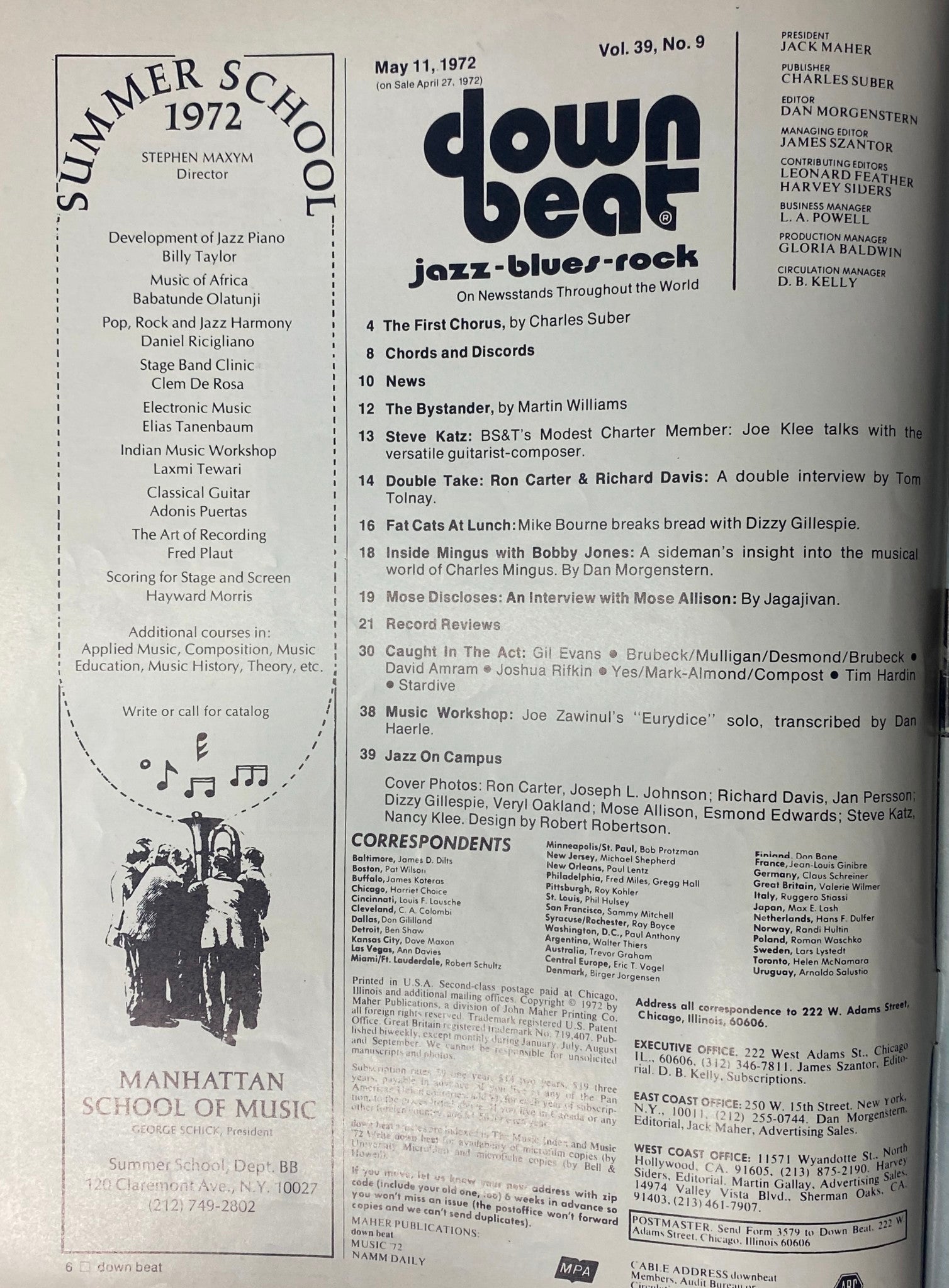 Down Beat Magazine, May 11, 1972, Vol 39 No 9, showcasing the table of contents and features including Ron Carter, Dizzy Gillespie, and other jazz notables.