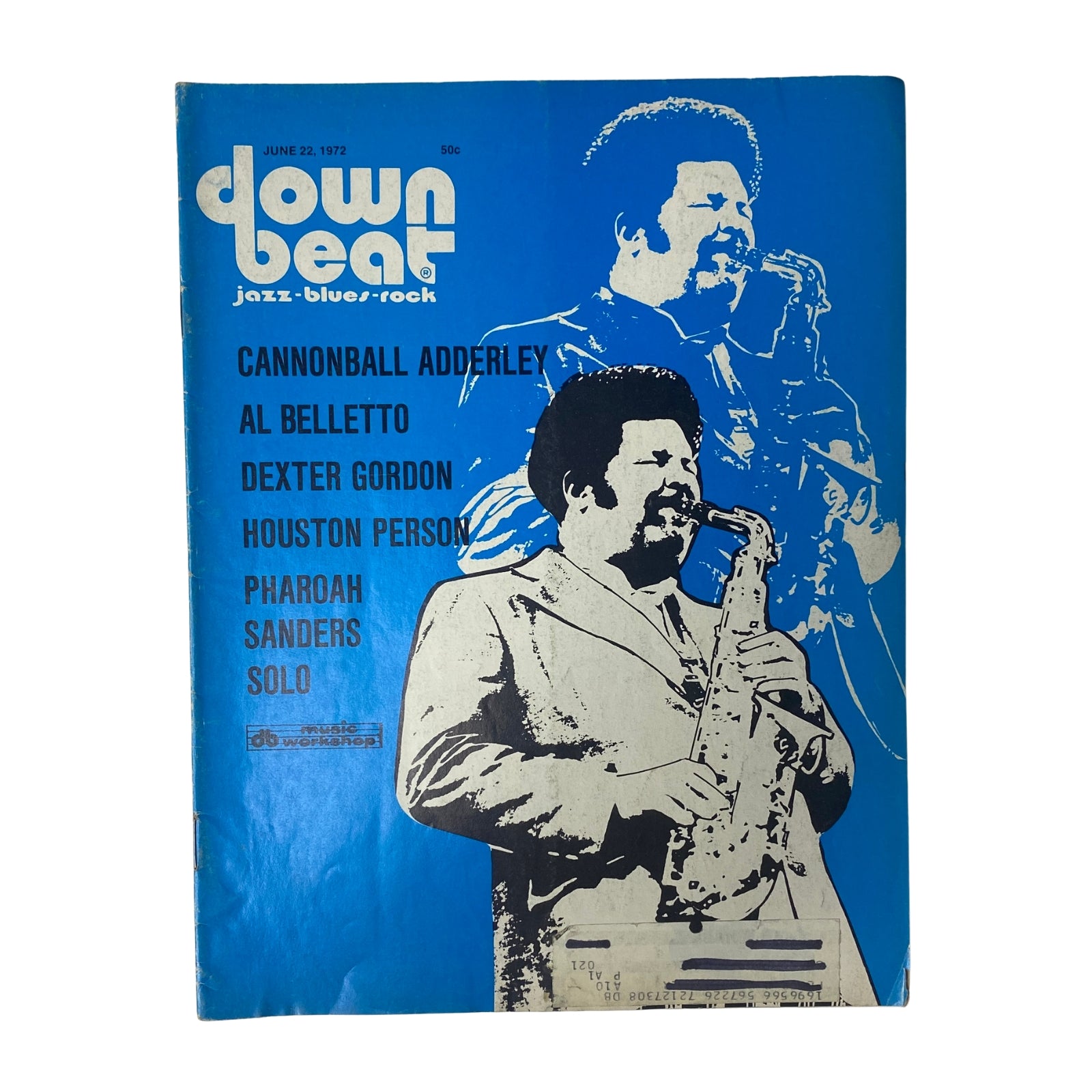 Cover of Down Beat Magazine, June 22, 1972 (Vol 39 No. 12), featuring jazz icons Cannonball Adderley, Al Belletto, Dexter Gordon, and Houston Person, against a bright blue background.