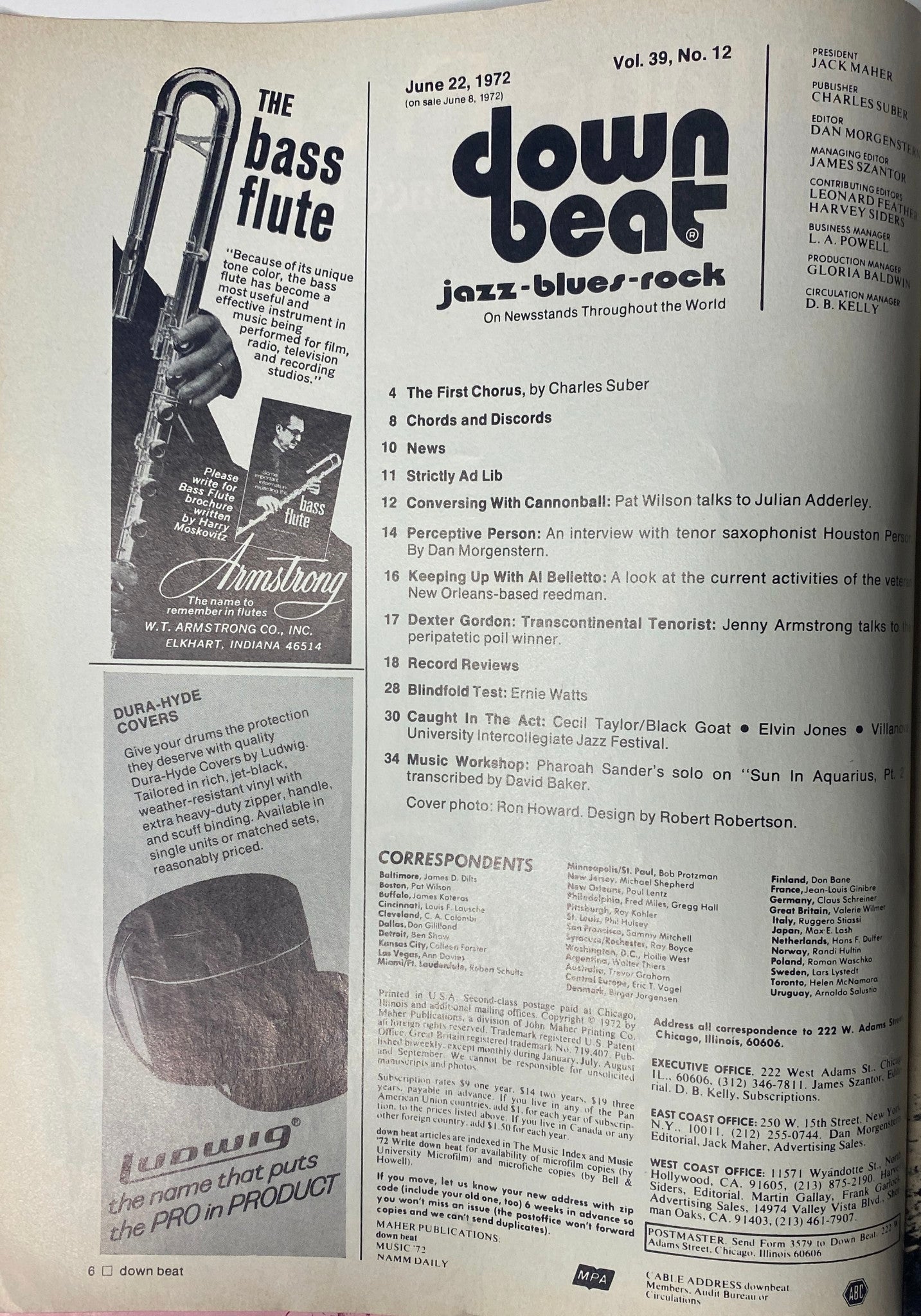 Table of Contents page from Down Beat Magazine, June 22, 1972 (Vol 39 No. 12), highlighting articles including 'The First Chorus' and 'Strictly Ad Lib', along with contributor names.