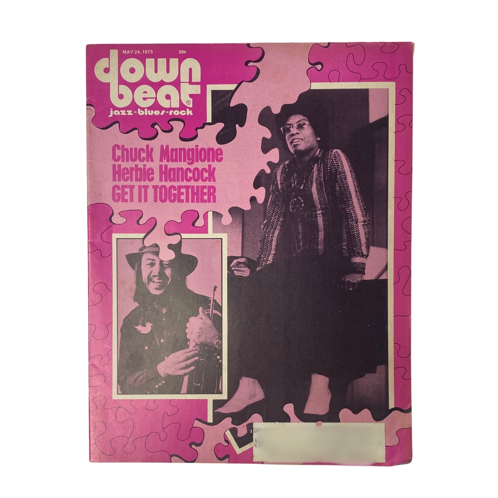 Cover of Down Beat Magazine, May 24, 1973, Vol. 40 No. 10 featuring Chuck Mangione and Herbie Hancock, with a vibrant pink design and images of both artists.