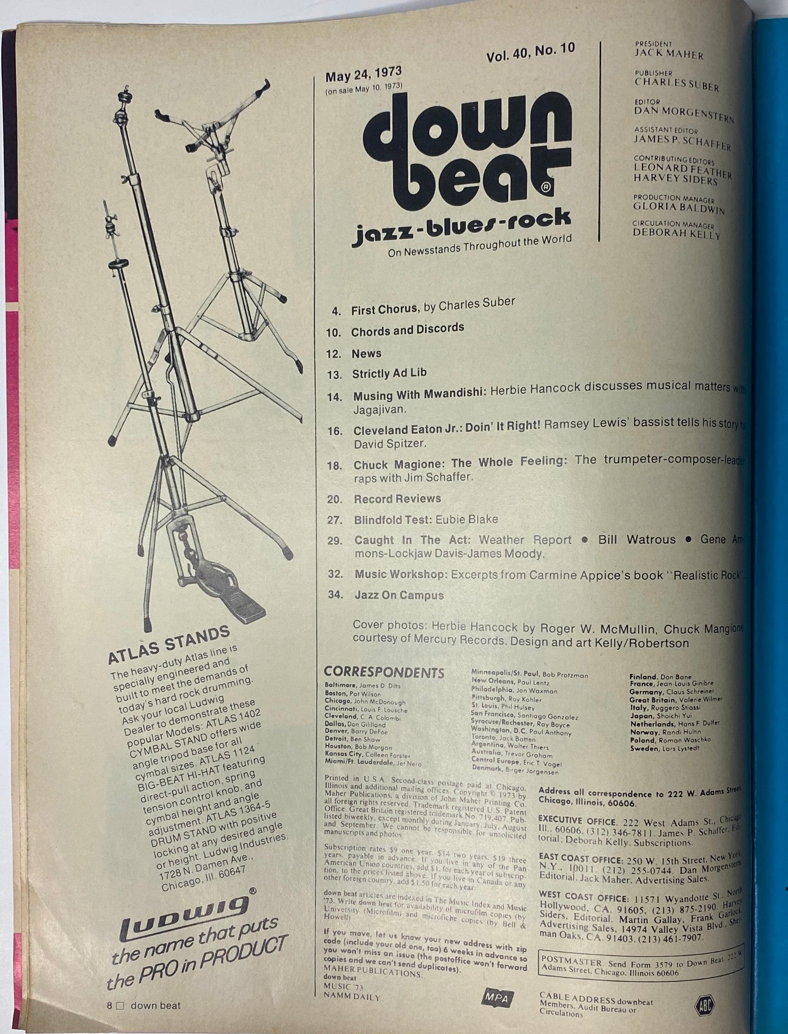 Table of Contents page from Down Beat Magazine, May 24, 1973, Vol. 40 No. 10, detailing articles and features including Herbie Hancock, Chuck Mangione, and contributions by various artists.