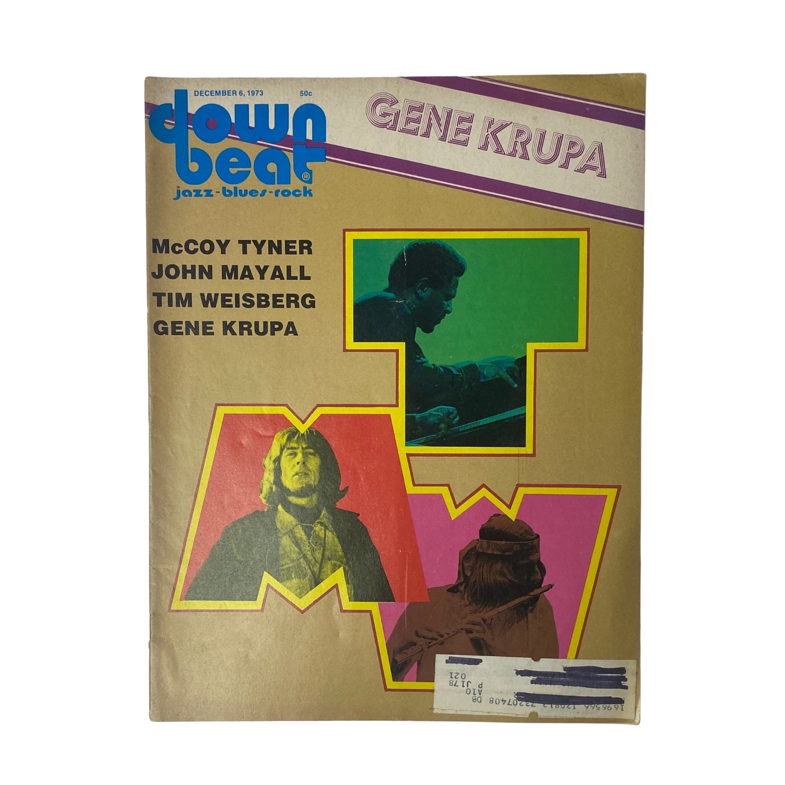 Cover of Down Beat Magazine, December 6, 1973, Vol 40 No 20 featuring McCoy Tyner, John Mayall, Tim Weisberg, and Gene Krupa with vibrant colors and design.