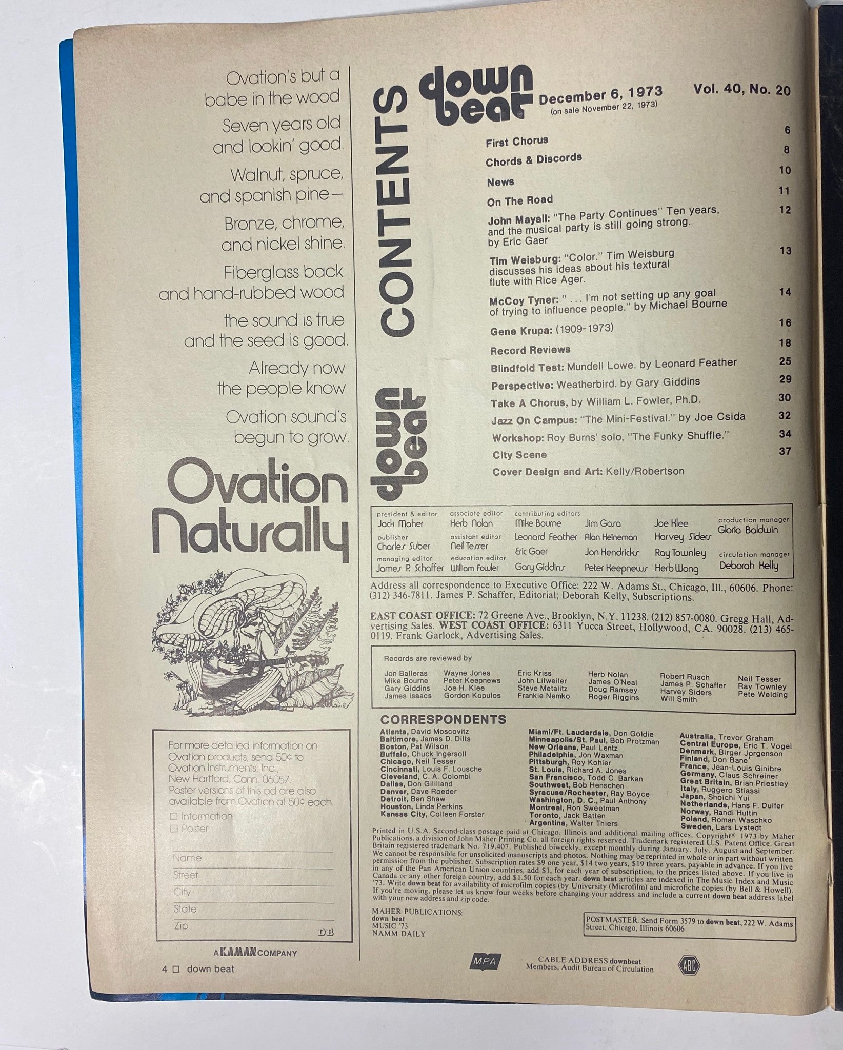 Interior of Down Beat Magazine from December 6, 1973, Vol 40 No 20 showing the table of contents and featured articles including McCoy Tyner and John Mayall.