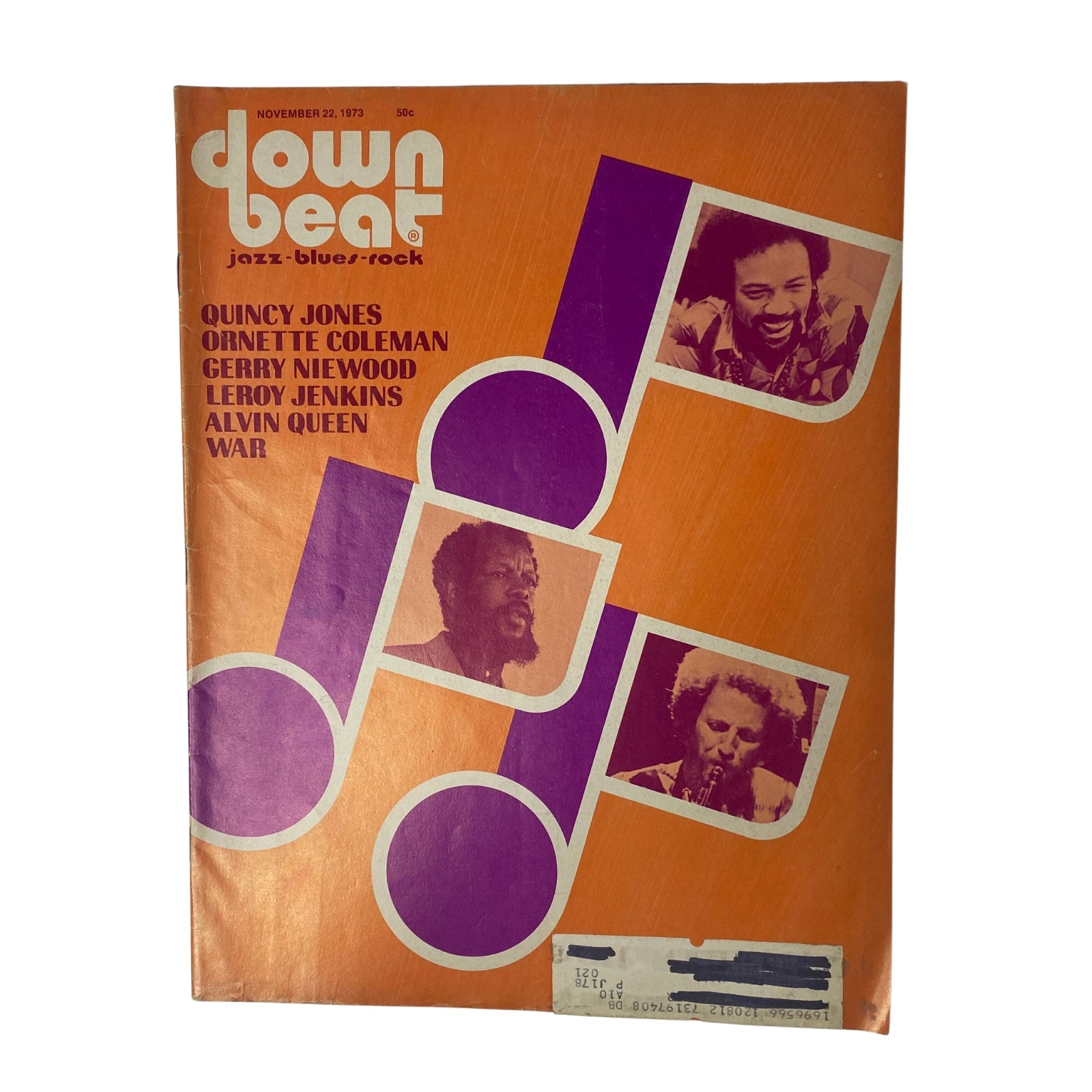Cover of Down Beat Magazine November 22, 1973 Vol 40 No. 19 featuring Quincy Jones, Leroy Jenkins, and images representing jazz musicians and themes like Ornette Coleman and War.