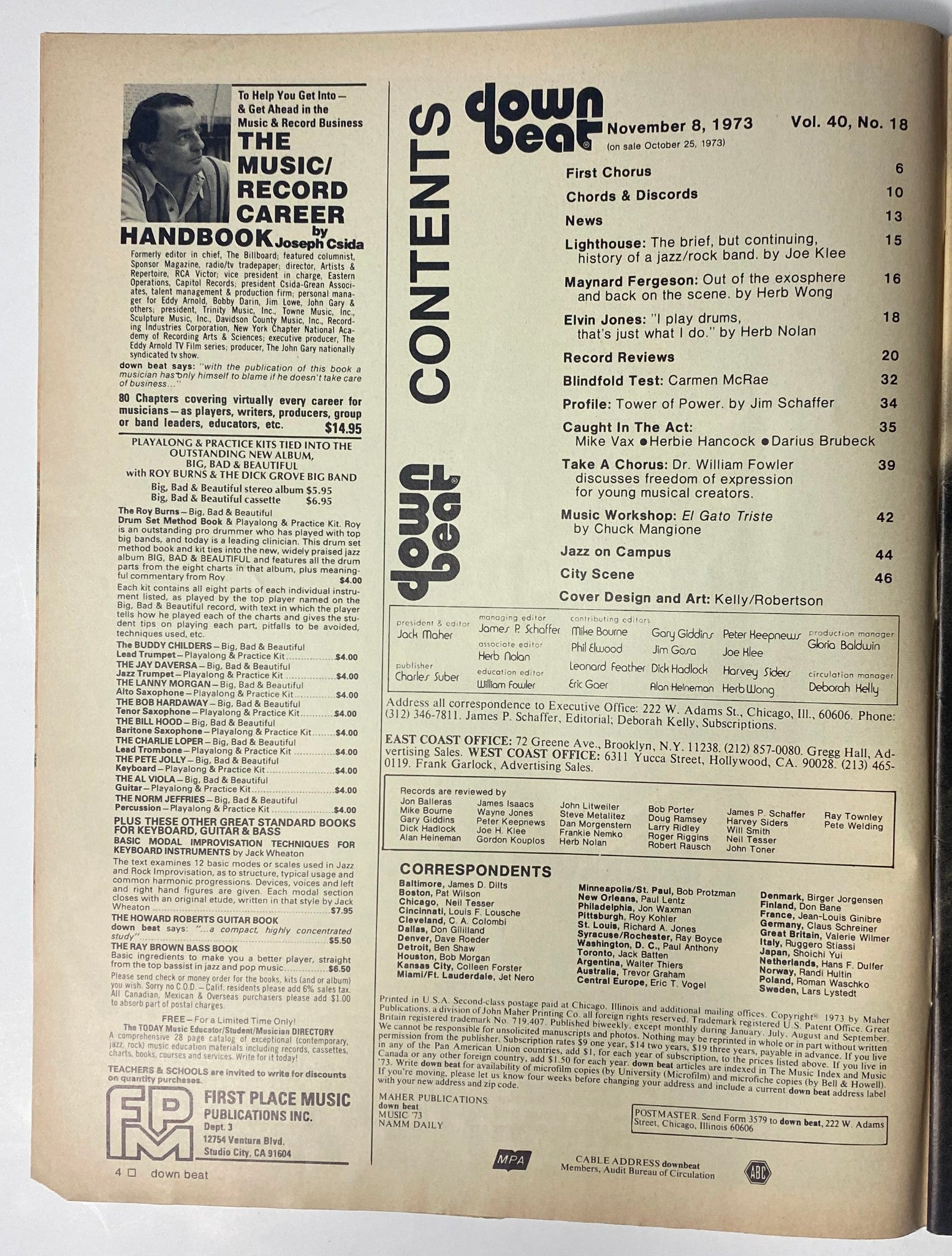 Down Beat Magazine November 8, 1973 Vol 40 No. 18 featuring the table of contents, including articles on Maynard Ferguson, Elvin Jones, and other notable jazz musicians.