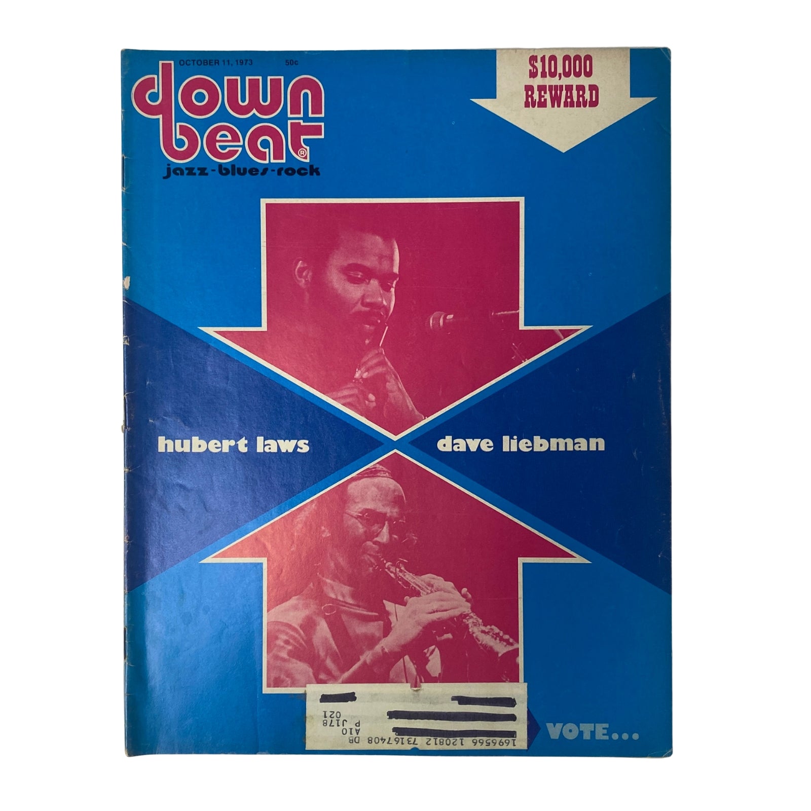 Down Beat Magazine cover from October 11, 1973, featuring Hubert Laws and Dave Liebman, showcasing two influential jazz artists with a vibrant blue and pink design.