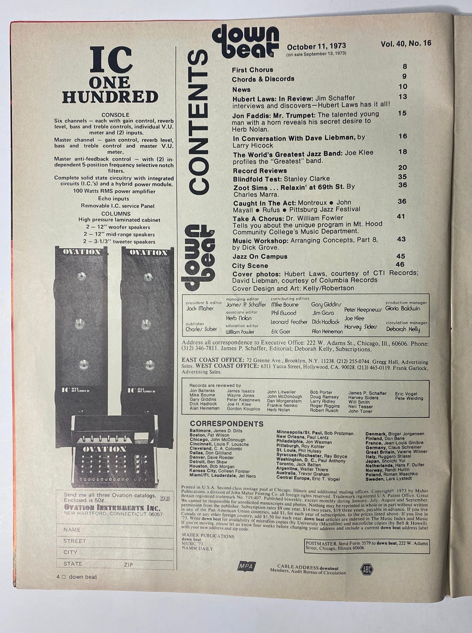 Inside page of Down Beat Magazine, October 11, 1973, displaying the contents of Vol 40 No 16, including various articles and features on jazz artists and music.
